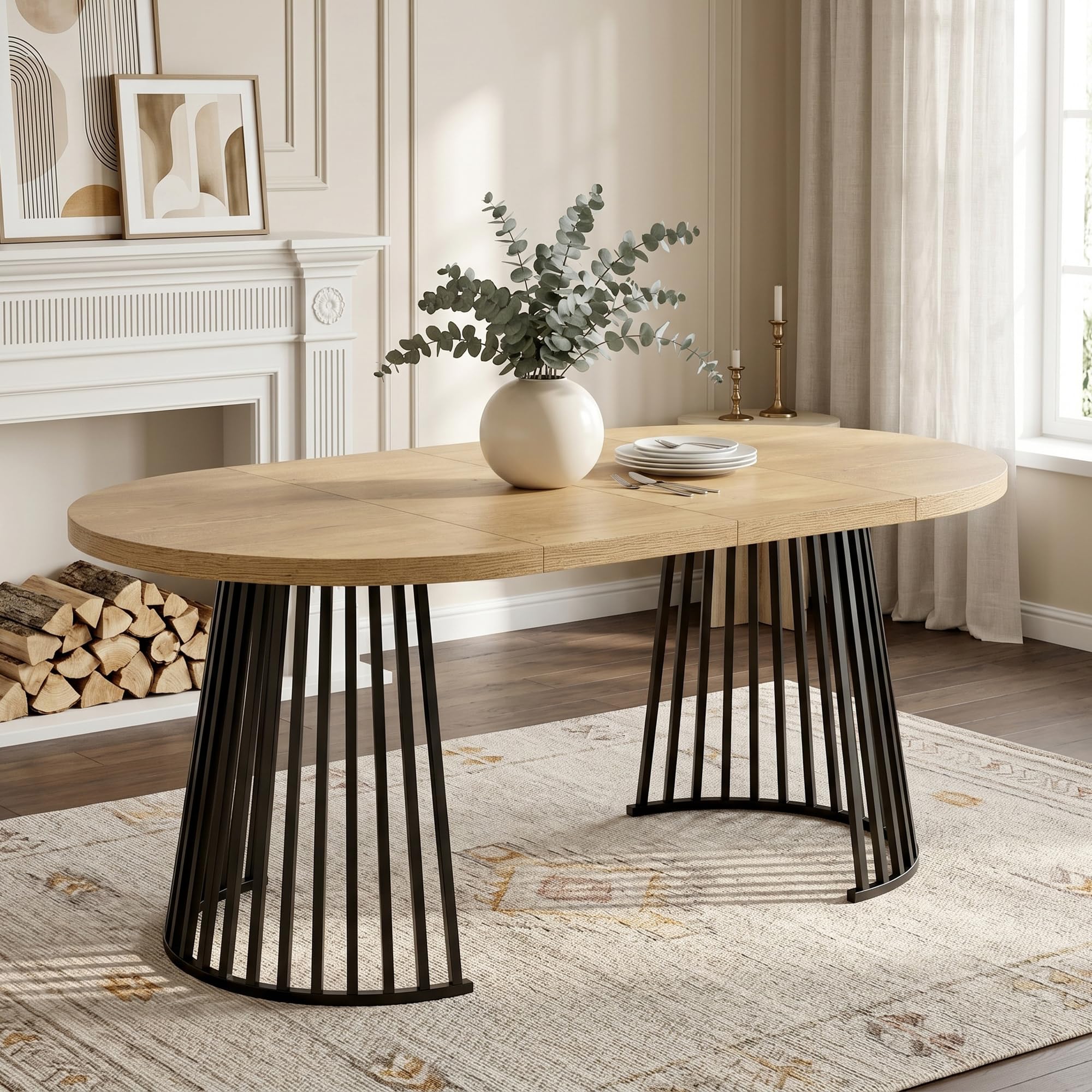 Wiuzo Tavolo da pranzo allungabile 100/138/176 x 100 cm, tavolo da pranzo rotondo per 4-8 persone, design telescopico a due pezzi, piano spesso (colore rovere + nero)