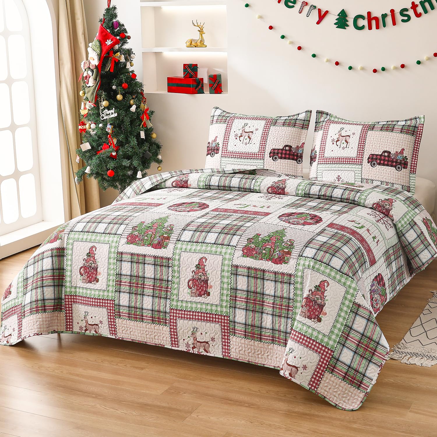 Weihnachts-Bettwäsche-Set King-Size – Steppdecke 243,8 X 274,3 Cm, Rot Kariert Mit Elfen, Wendbar & Leicht