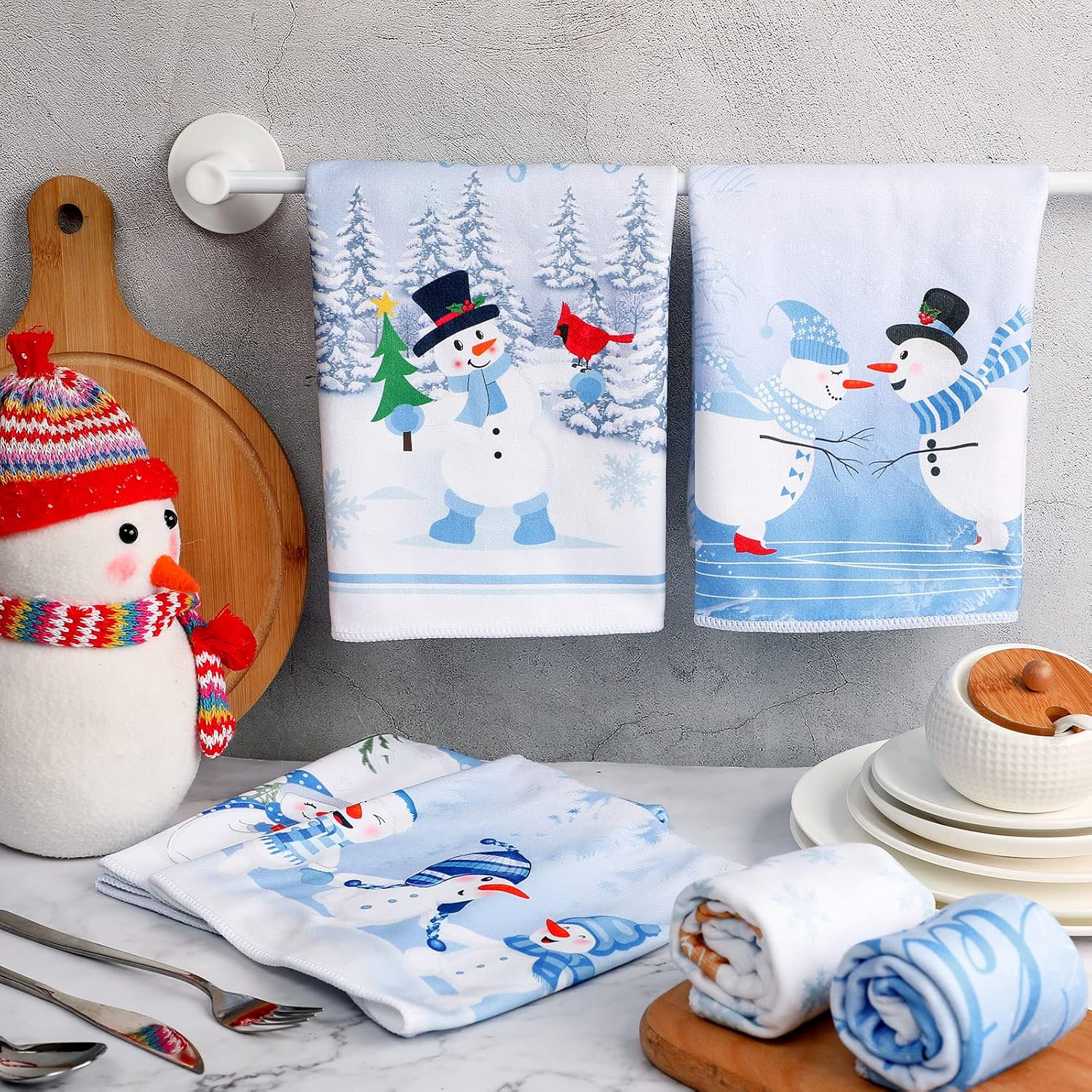 Panelee 6 Pcs Winter Kitchen Towels for Hello Winter Bathroom Blue Christmas Snowman Hand Tea Towels 12 x 18 Inch Absorbent Christmas Decorative for Kitchen Housewarming Cooking Gift - Image 5
