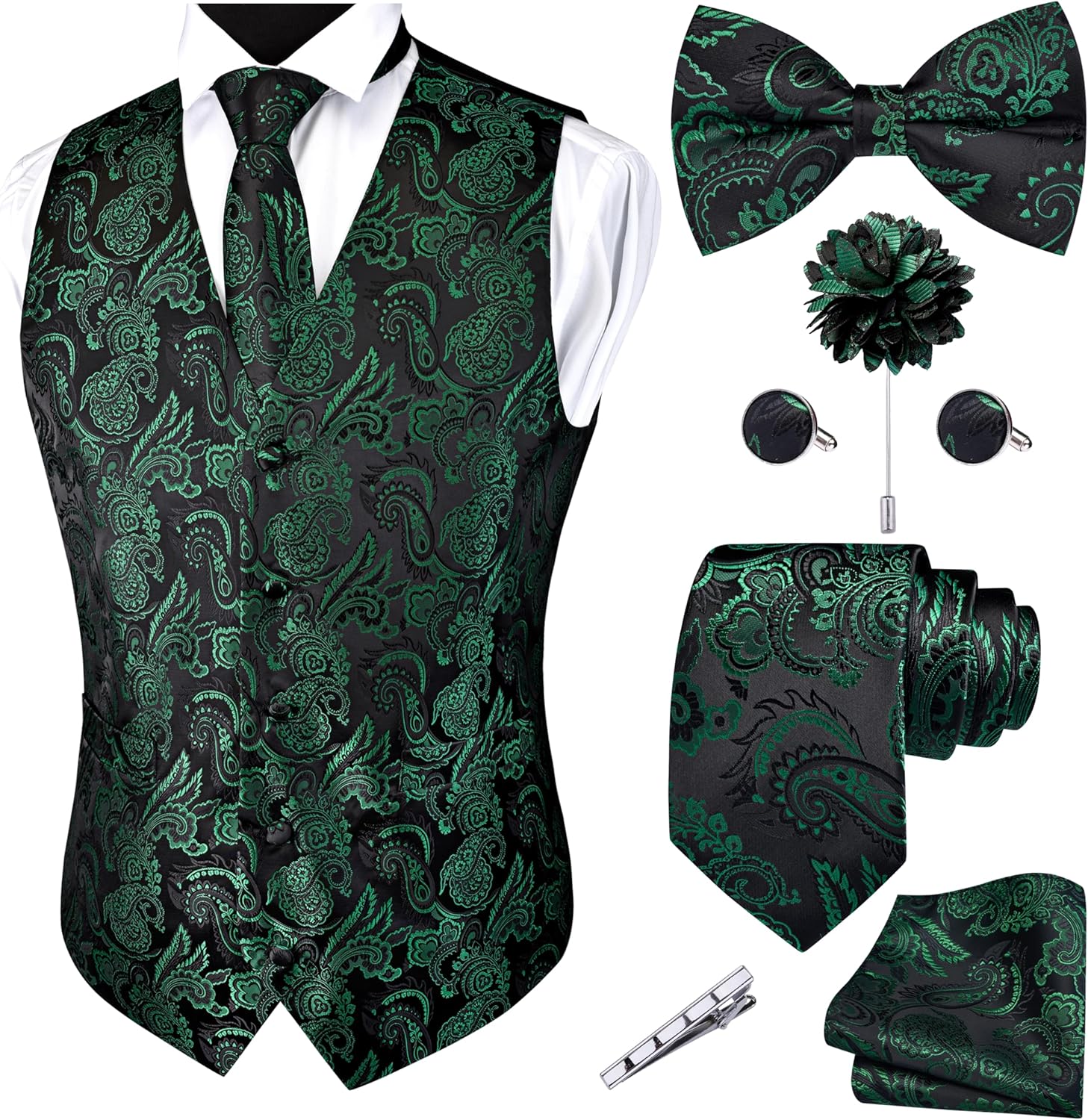 GUSLESON Formal Men Vest Paisley Floral Jacquard Tie Waistcoat Bow tie Hanky Lapel Pin Cufflinks Set Wedding 7PCS