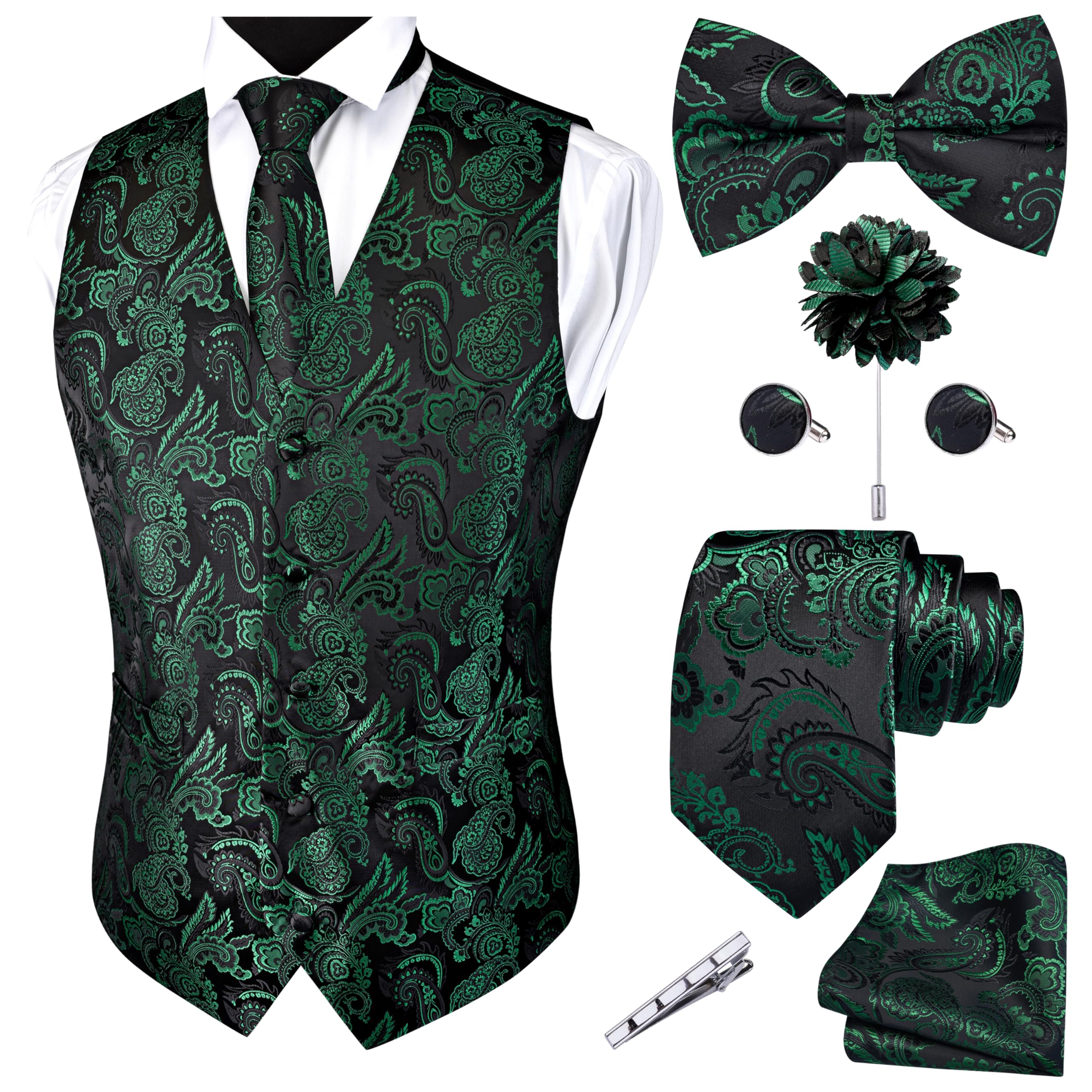 GUSLESON Formal Men Vest Paisley Floral Jacquard Tie Waistcoat Bow tie Hanky Lapel Pin Cufflinks Set Wedding 7PCS