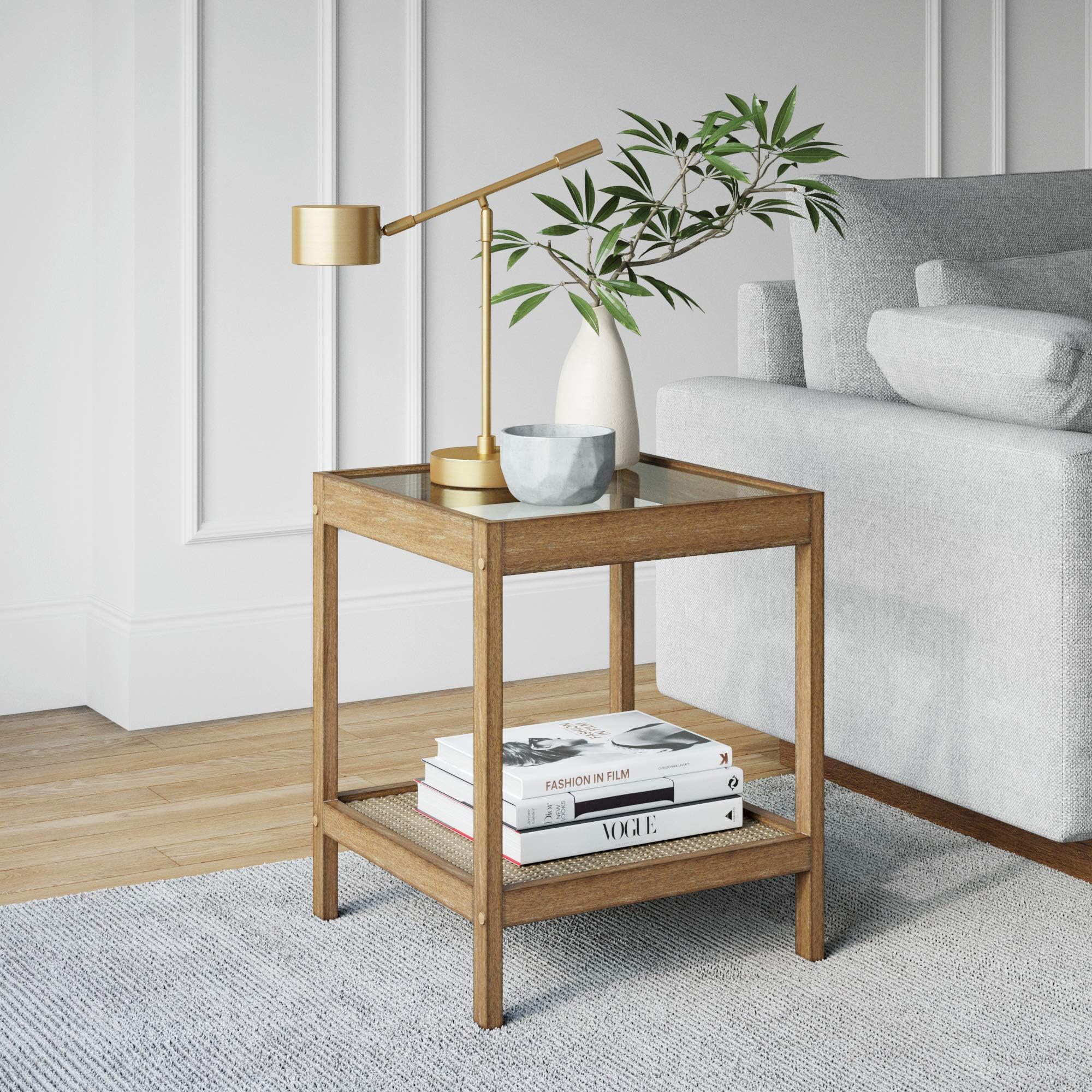 Nash Modern Solid Wood Accent End or Side Table, Light Brown/Glass 18 in x 18 in x 22 in