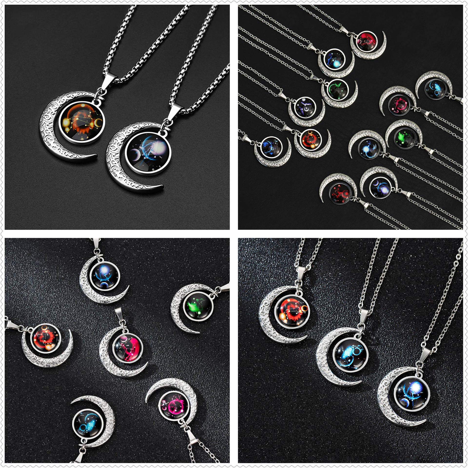 Collier Signe Astrologique Constellation Zodiaque Pendentif Croissant de Lune Garcon Galaxie Horoscope Bijoux Soeur d Amitie Acier Inoxydable