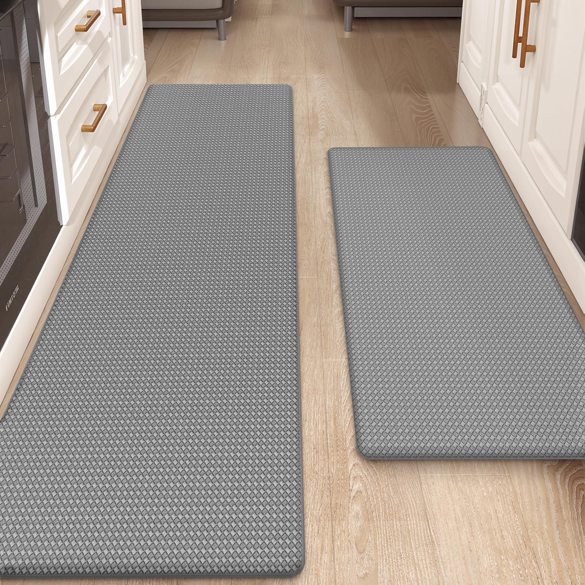 Color G Alfombrilla de Cocina de 2 Piezas, Alfombra Antifatiga, PVC Impermeable y Resistente al Aceite, Respaldo de Cuero Antideslizante (44 x 75 cm + 44 x 150 cm, Gris)