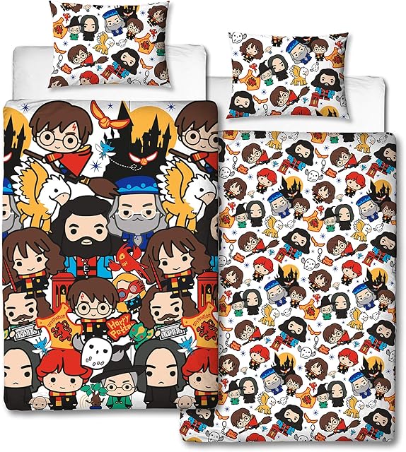 Harry Potter Charm Design Single Reversible Two Sided Official Bedding Duvet Cover with Matching Pillow Case, Multi