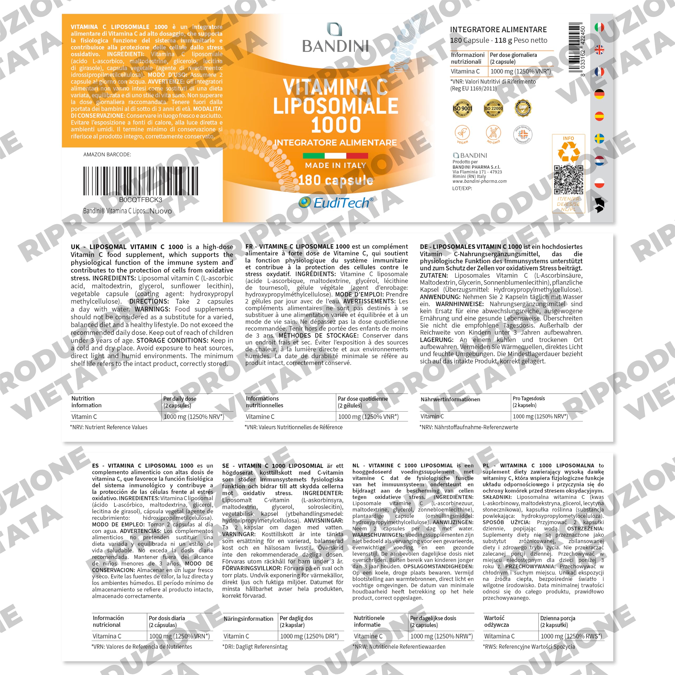 Bandini® Vitamina C Liposomiale 1000mg, 3 mesi, Vegana | Vitamine 100% Vegan ad Alto dosaggio | Sistema Immunitario, Ossa, Cartilagini, Pelle, Denti, Stanchezza | Vit Pura Acido Ascorbico 180 capsule