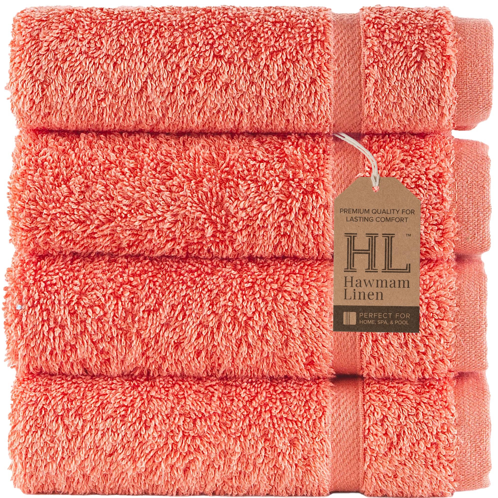 Hawmam Linen Wash Cloths, Turkish Cotton Washcloths, 4 Pack, Coral