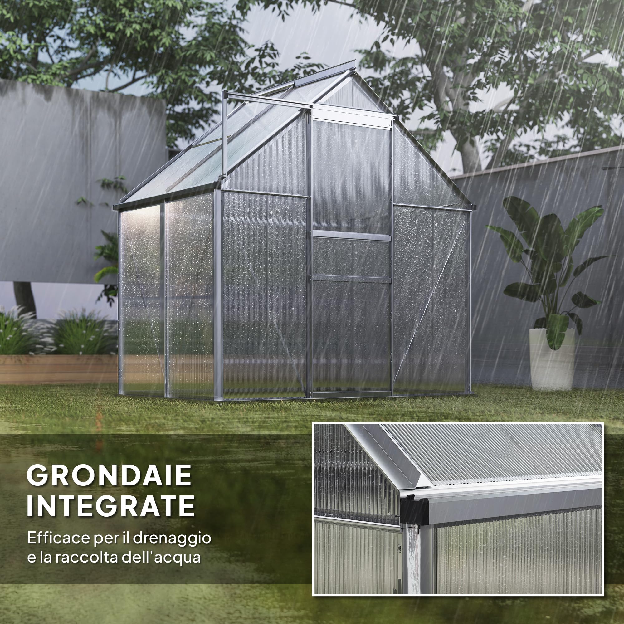 Outsunny Invernadero de jardín de policarbonato con marco de aleación de aluminio 2,5㎡, invernadero para huerto con base, canalones, ventana de techo ajustables, puerta batiente, para plantas, anti UV