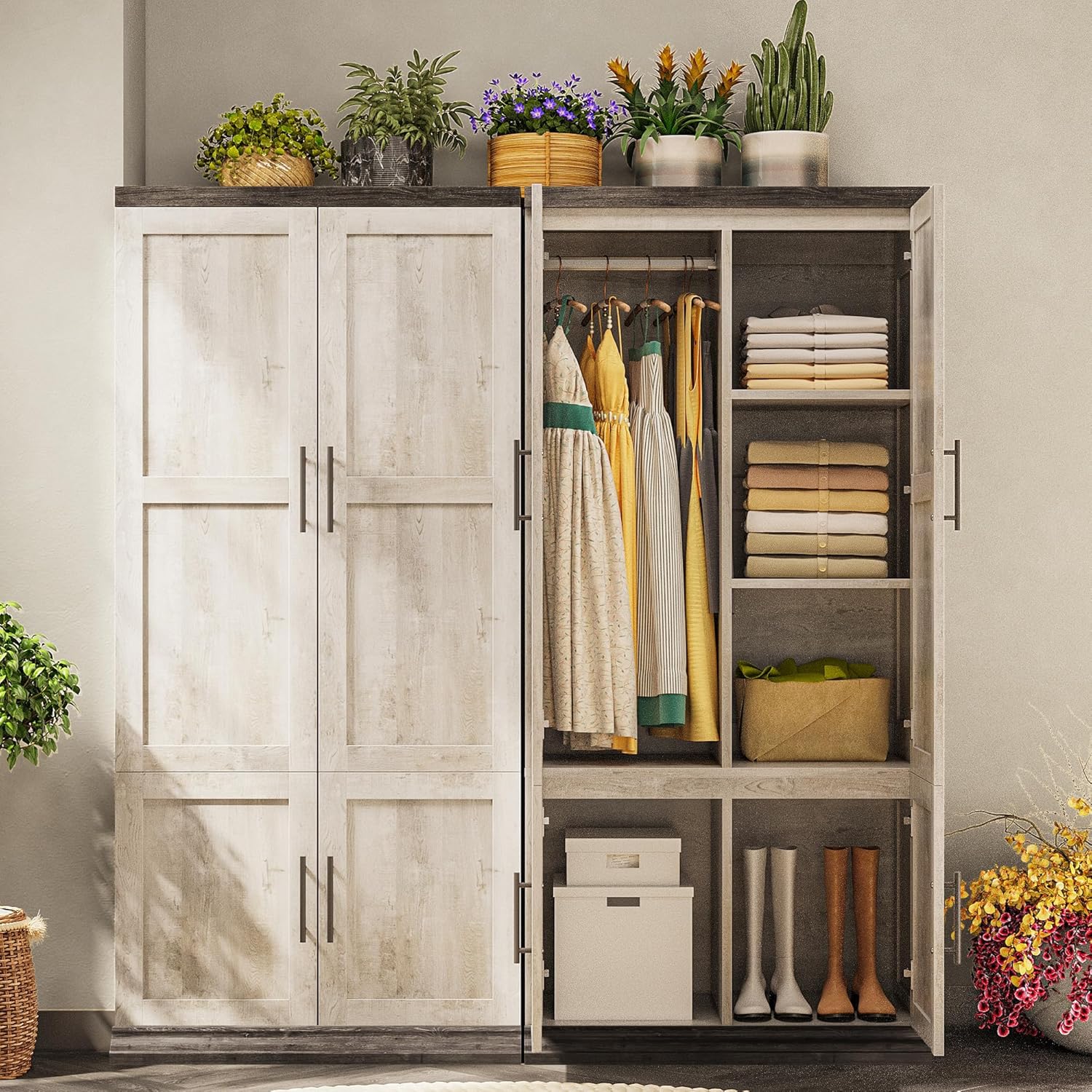 LIKIMIO Large Wardrobe Closet, Farmhouse Clothing Storage Cabinet with Hanging Rod and 2 Doors, Wooden Tall Bedroom Armoires with Storage Shelves, Rustic White