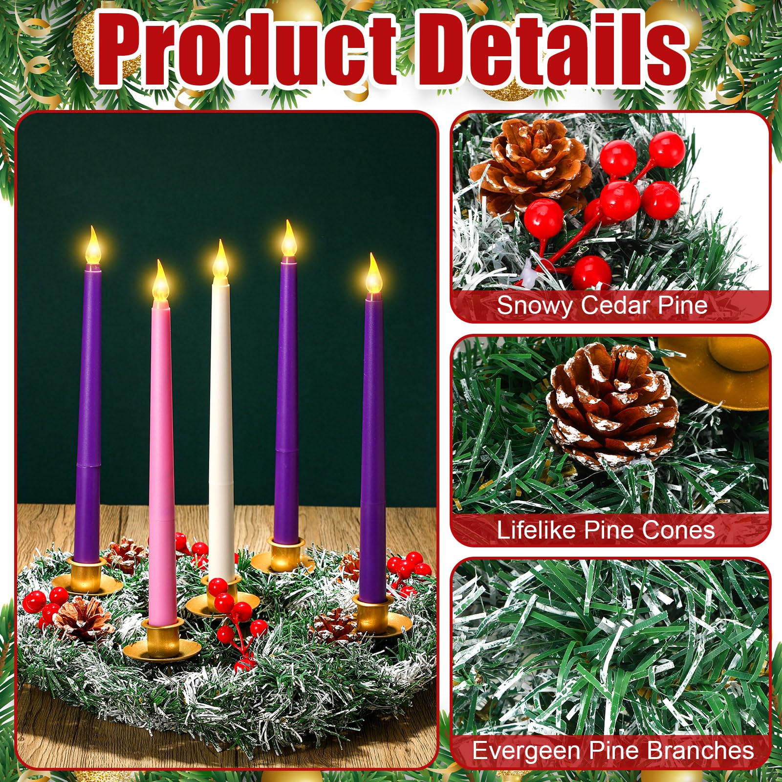 Tioncy Portavelas de corona de Adviento de Navidad de 12 pulgadas con 5 velas sin llama, control remoto, corona, portavelas, decoración de centro de mesa con bayas (pino cedro nevado, 11 x 0.8 x 0.8