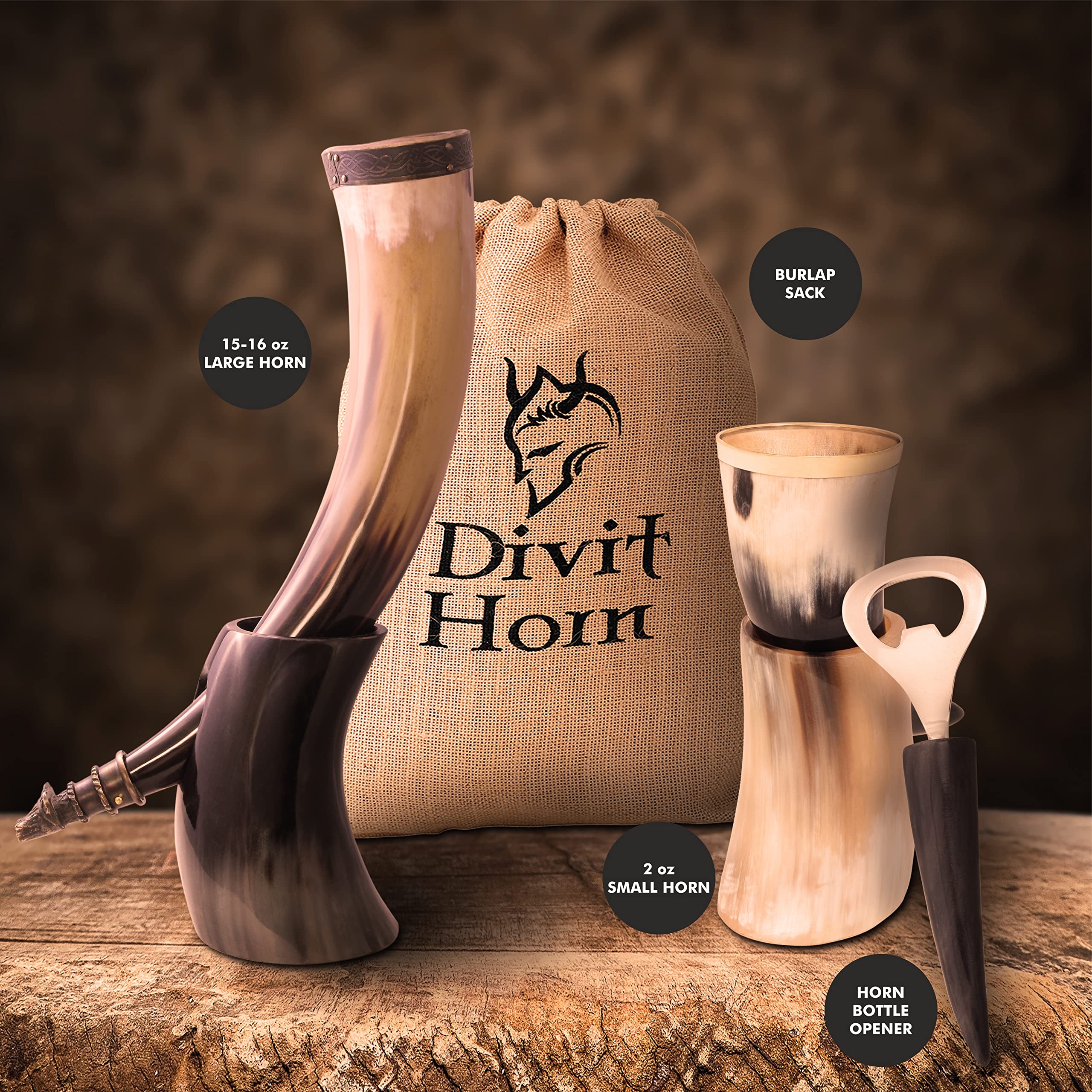 Auténtico cuerno para beber vikingo, trago de cuerno, abridor de botellas (juego de 3 piezas) | Auténtico cuerno medieval para beber | Bolsa de regalo de lino incluida Lobo, pulido 16 oz