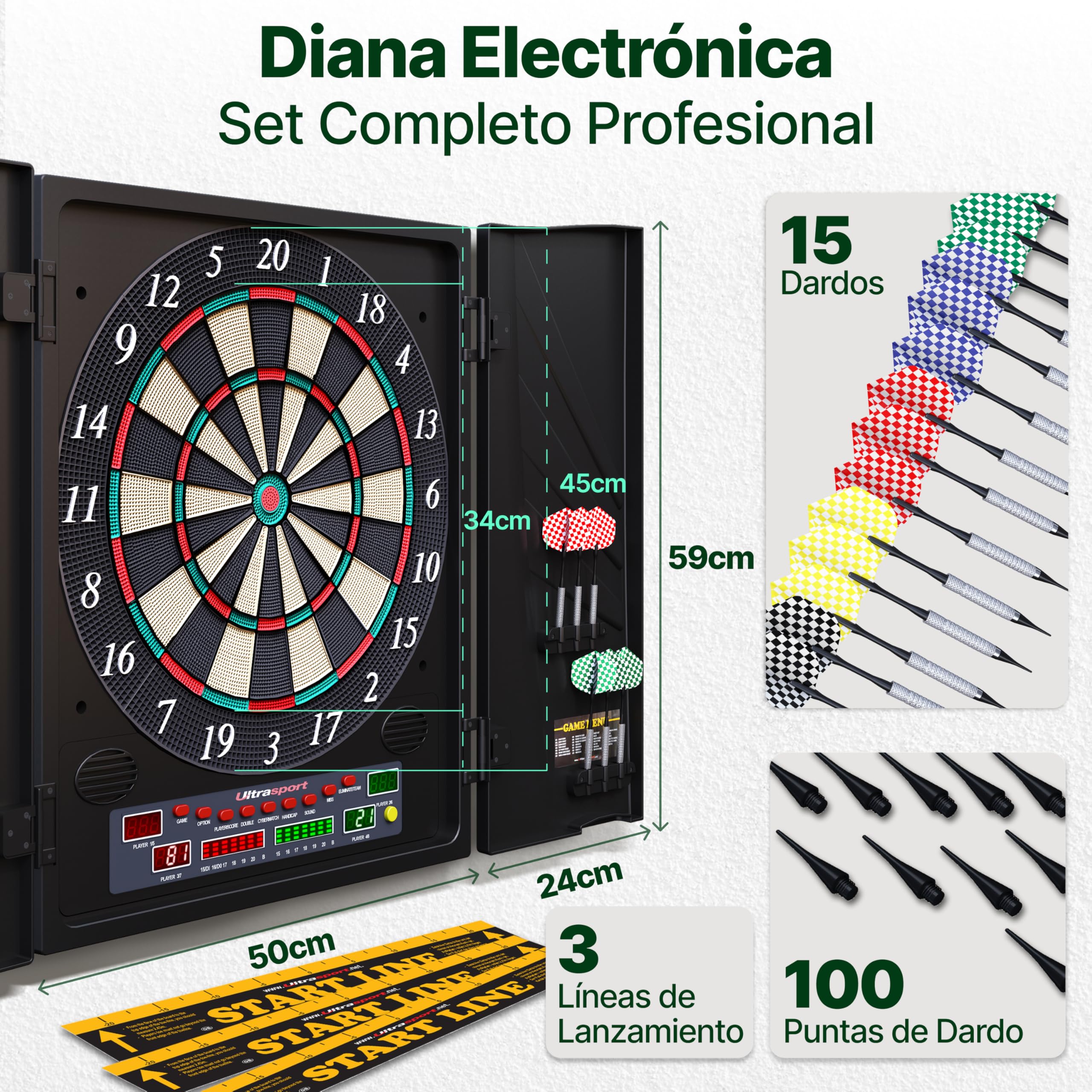 Ultrasport Diana eléctrica máquina de Dardos para 16 Jugadores, 12 Dardos y 100 Puntas Blandas