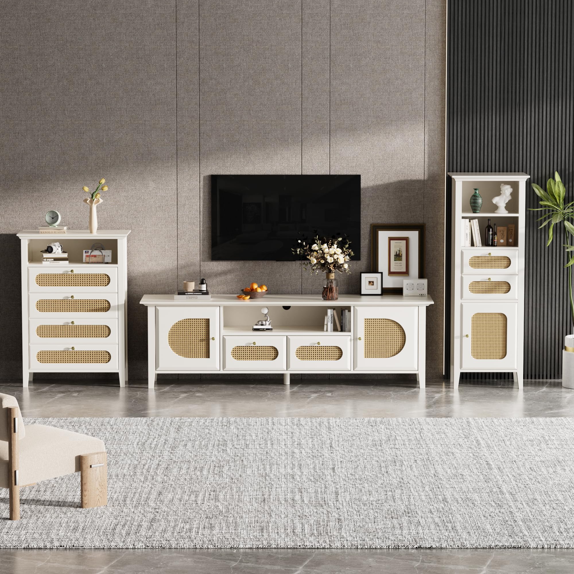 REXO Mueble de TV y armario de almacenamiento, conjunto de muebles de salón de ratán con patas de madera maciza y lacado