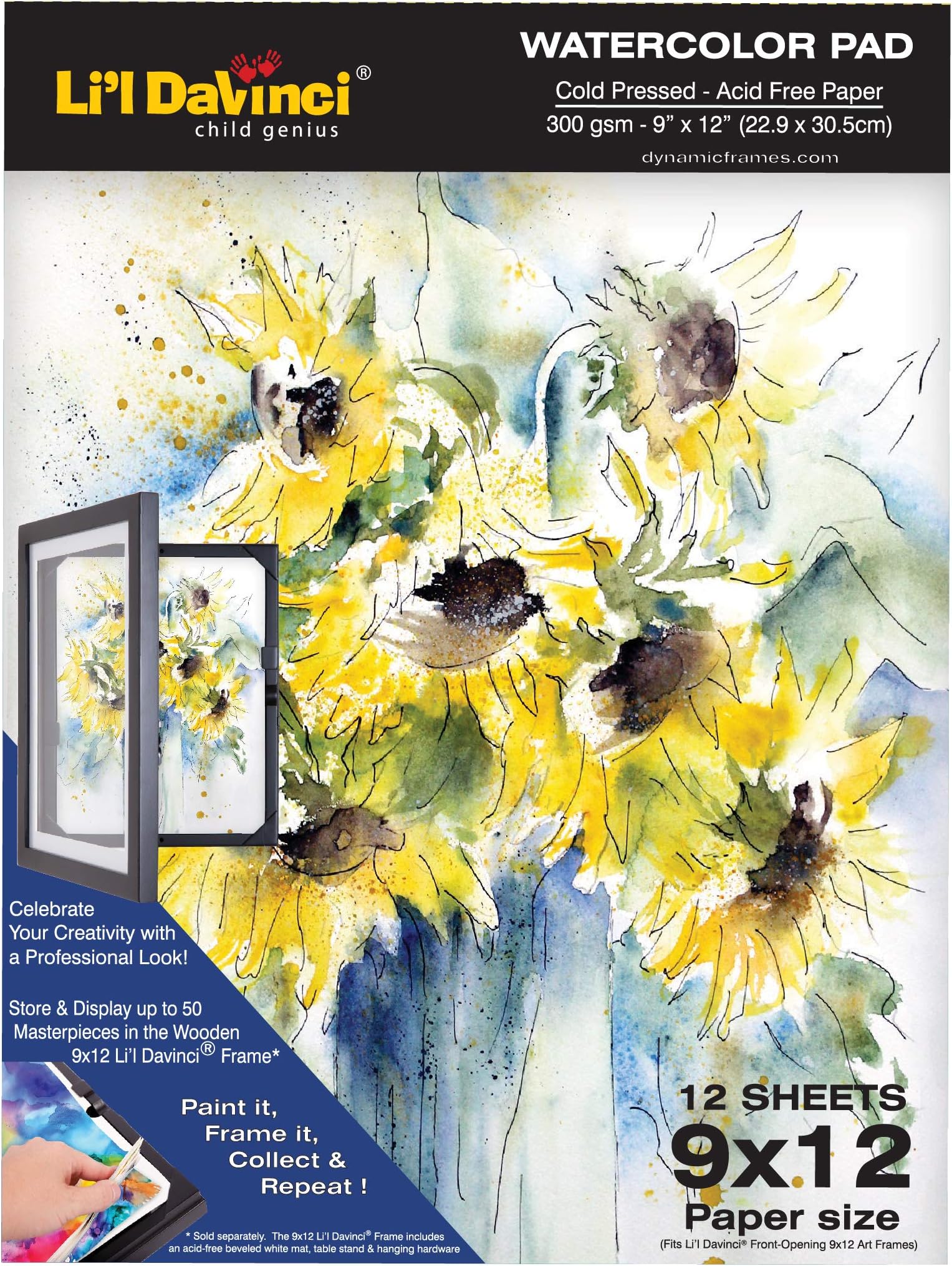 Li'l Davinci 9x12 Watercolor Pad, 12 Sheets, (140/b/300gsm) Cold Pressed, Acid Free Heavyweight Paper (1)