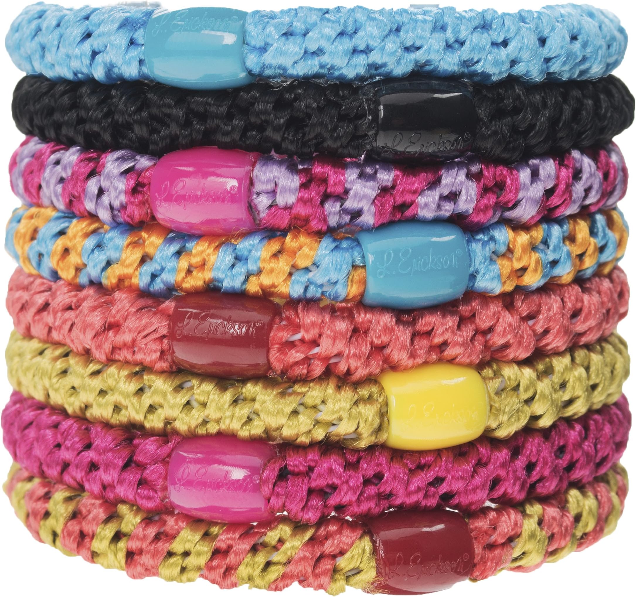 L. Erickson Grab & Go Ponytail Holders, Bright, Set of Eight - Exceptionally Secure with Gentle Hold