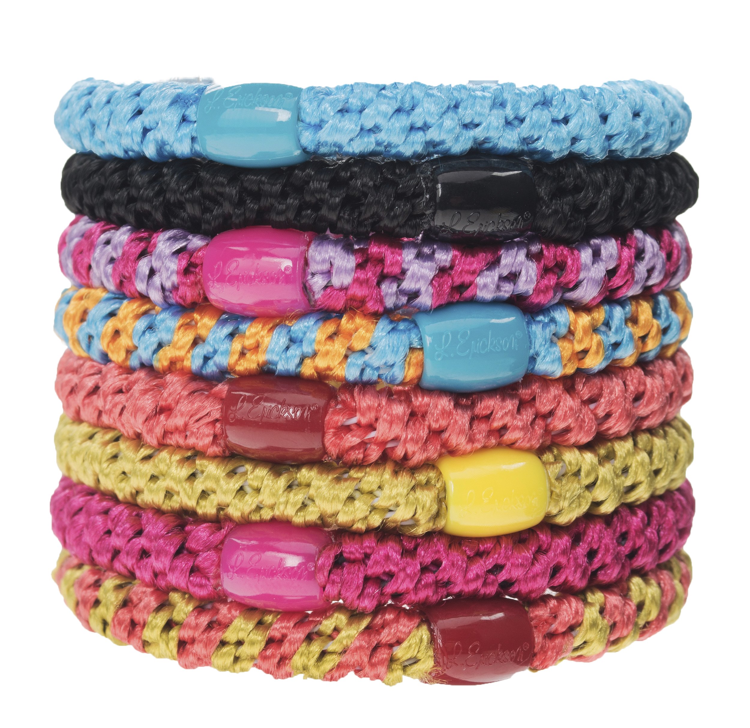 L. Erickson Grab & Go Ponytail Holders, Bright, Set of Eight - Exceptionally Secure with Gentle Hold