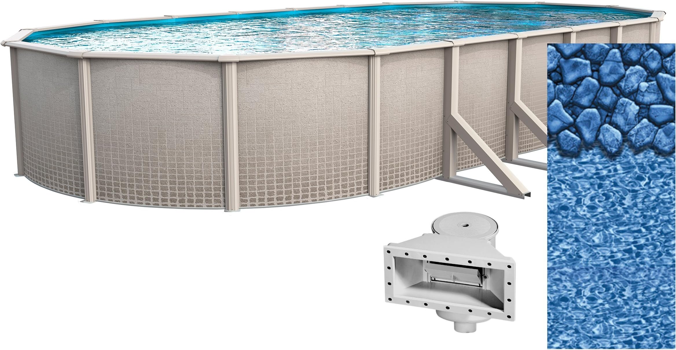Wilbar12-Foot-by-24-Foot Oval Impressions Above-Ground Swimming Pool | 48-Inch Height | Boulder Swirl Overlap Liner and Wide Mouth Skimmer Bundle | Resin Protected Steel-Sided Walls