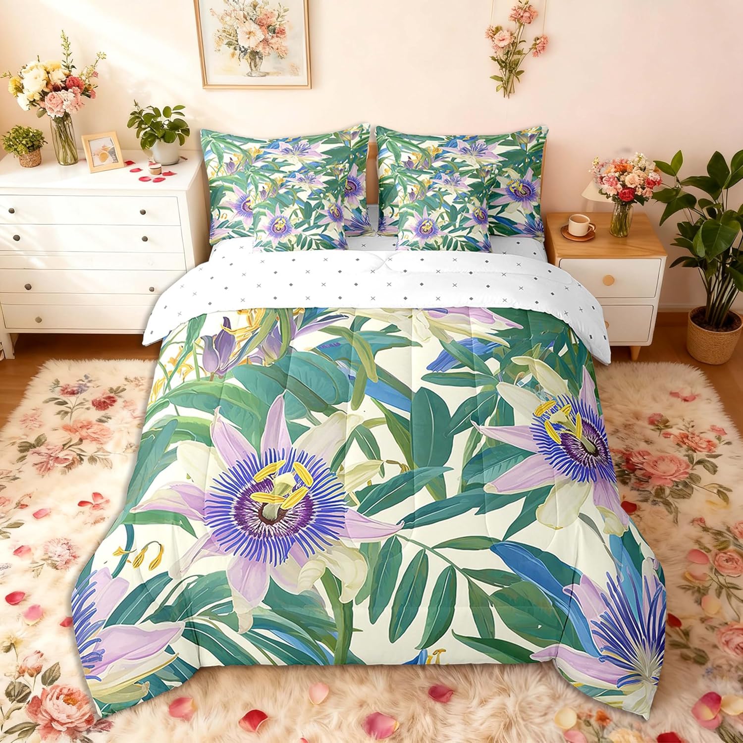 Feelyou Tropical Leaves 7 Pieces Comforter Cover Set Queen Size Palm Leaf Floral Botanical Nature Theme Butterfly Complete Bedding Comforter Sets with Comforter, Sheets, Pillowcases, Cushion Covers