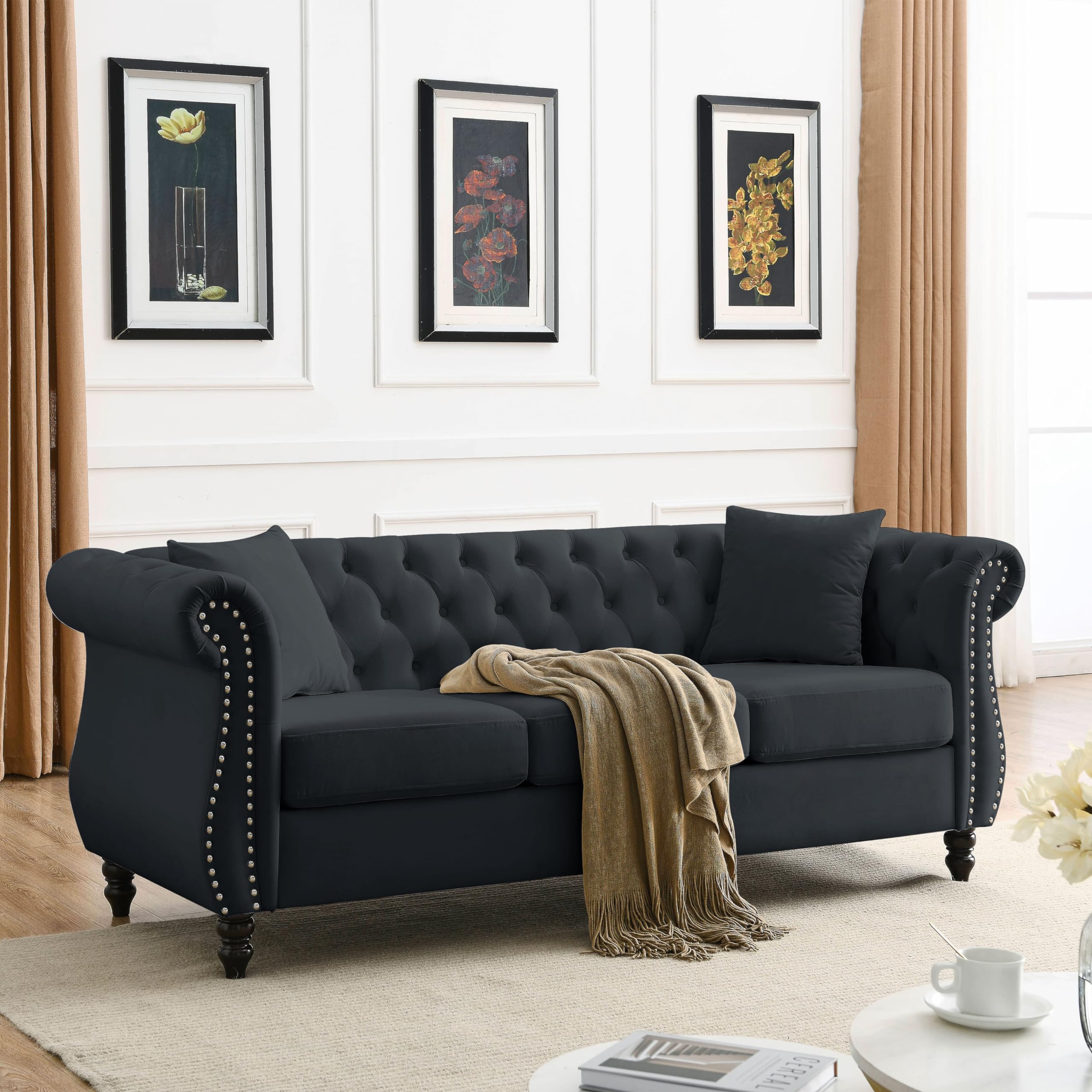 KEIKI Chesterfield Sofa, Retro Style Upholstered 3 Seater Velvet Couch with Rolled Arm for Living Room Bedroom Office Apartment, Black