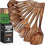 Wooden Spoons for Cooking, 10 Pcs Wooden Cooking Utensils Set – Wooden Utensil Set for Nonstick Pans & Cookware – Teak Wood - Sturdy, Lightweight & Heat Resistant
