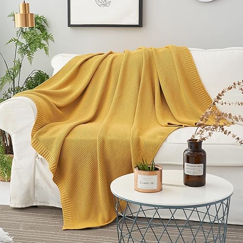 Miniatura 5 de Longhui bedding Manta de punto trenzado de algodón amarillo mostaza para sofá, cama, manta de punto ligera decorativa para el hogar con bolsa de