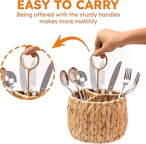 Miniatura 3 de KOLWOVEN Organizador de cubiertos de mimbre, soporte para utensilios de cocina para encimera, caddy de cubiertos, caddy de cubiertos de mimbre