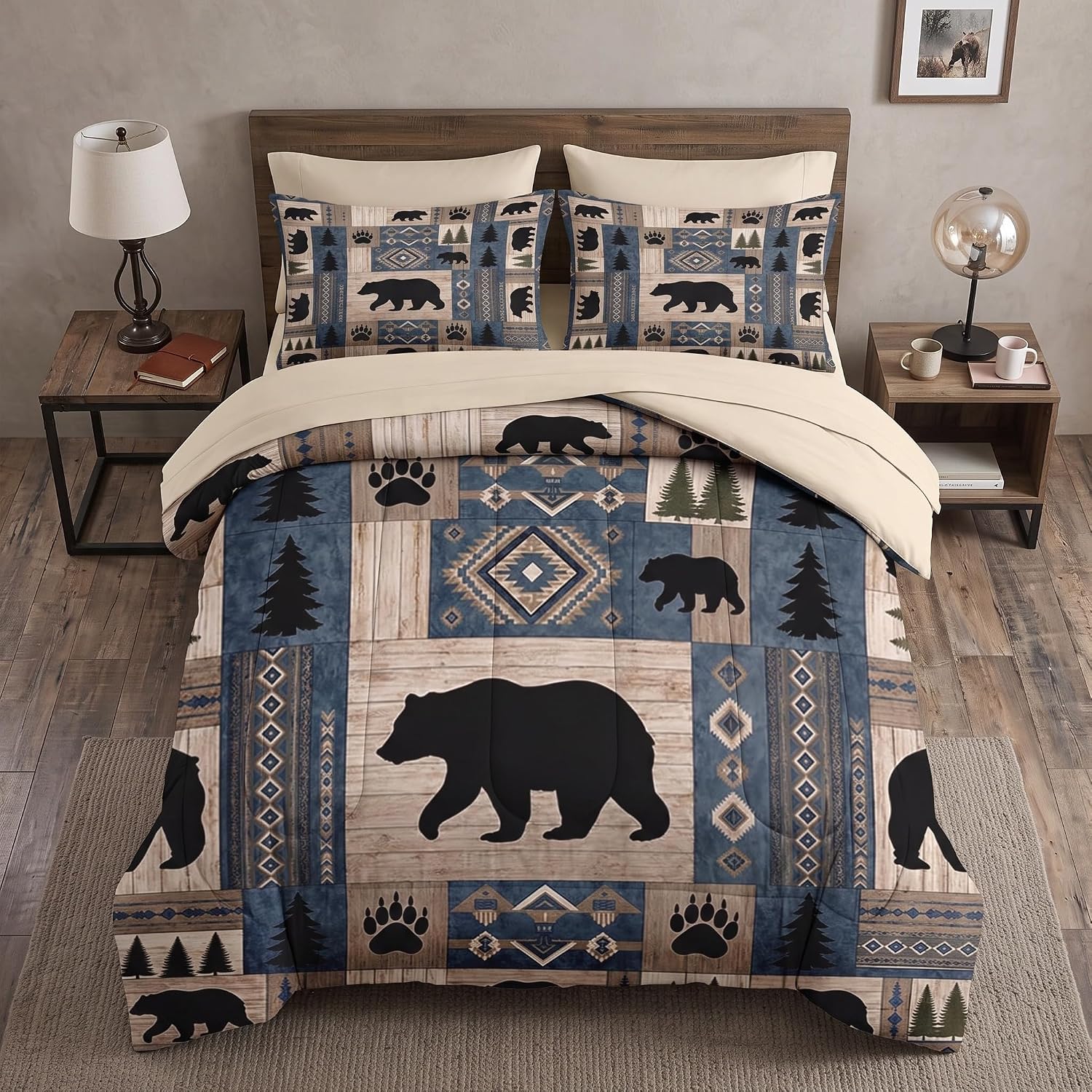 WeCozy Queen Size Comforter Set with 2 Pillowcases & 2 Shams, Bear Cabin Rustic 7 Pcs Bedding Set for Kids and Adults, Mountain Aztec Bed in a Bag with Flat Sheet and Fitted Sheet