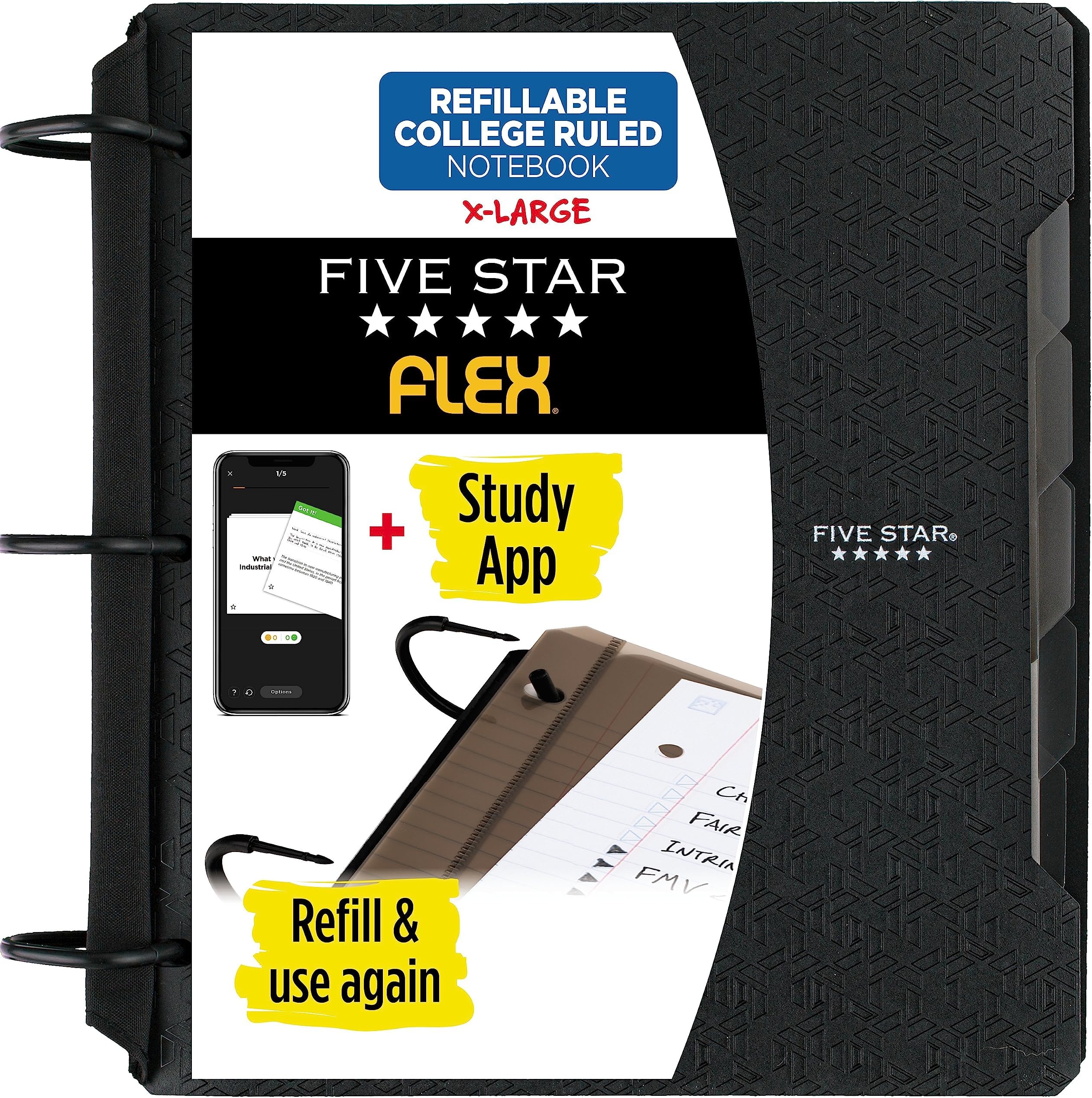 Flex Refillable Notebook + Study App, College Ruled Paper, 1-1/2 Inch TechLock Rings, Pockets, Tabs and Dividers, 300 Sheet Capacity, Black (29324AA2)