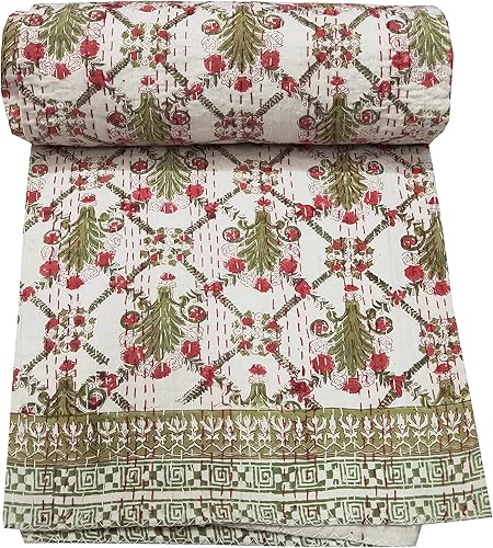 V Vedant Designs Colcha Kantha con estampado floral a mano, colcha Kantha de algodón, colcha Kantha tamaño Queen, manta Kantha hecha a mano, manta