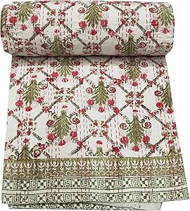 Bohemian Bedding Handmade Indian Kantha Quilt - Bohemian Twin Size Bedspread With Floral Print Lightweight Cotton Quilt