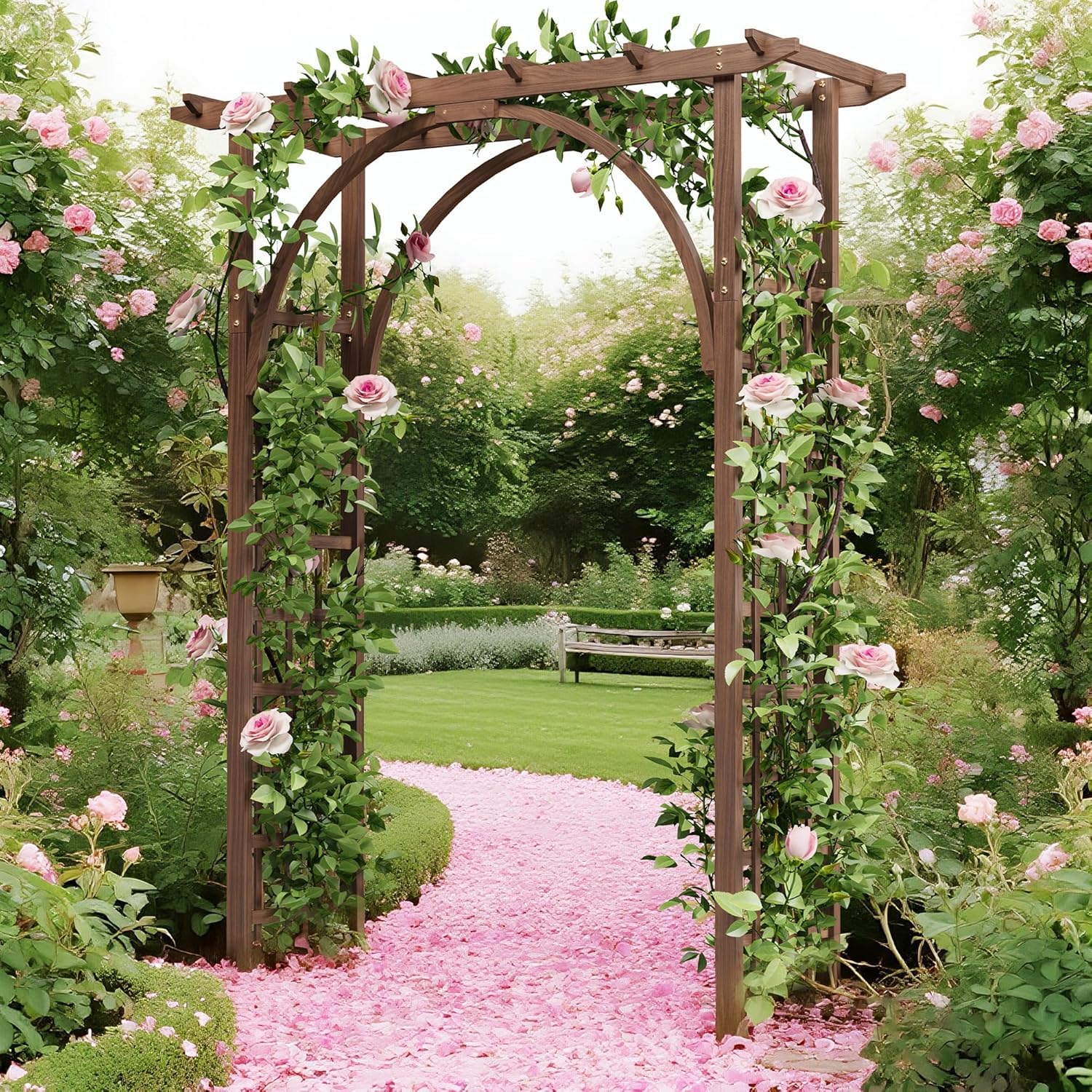 Garvee Gartenbogen Holz 215 cm – Stabiler Rosenbogen & Hochzeitsbogen | Natur-Fichtenholz, witterungsbeständig, stabiles Gitter-Design, schneller Aufbau, für Kletterpflanzen geeignet