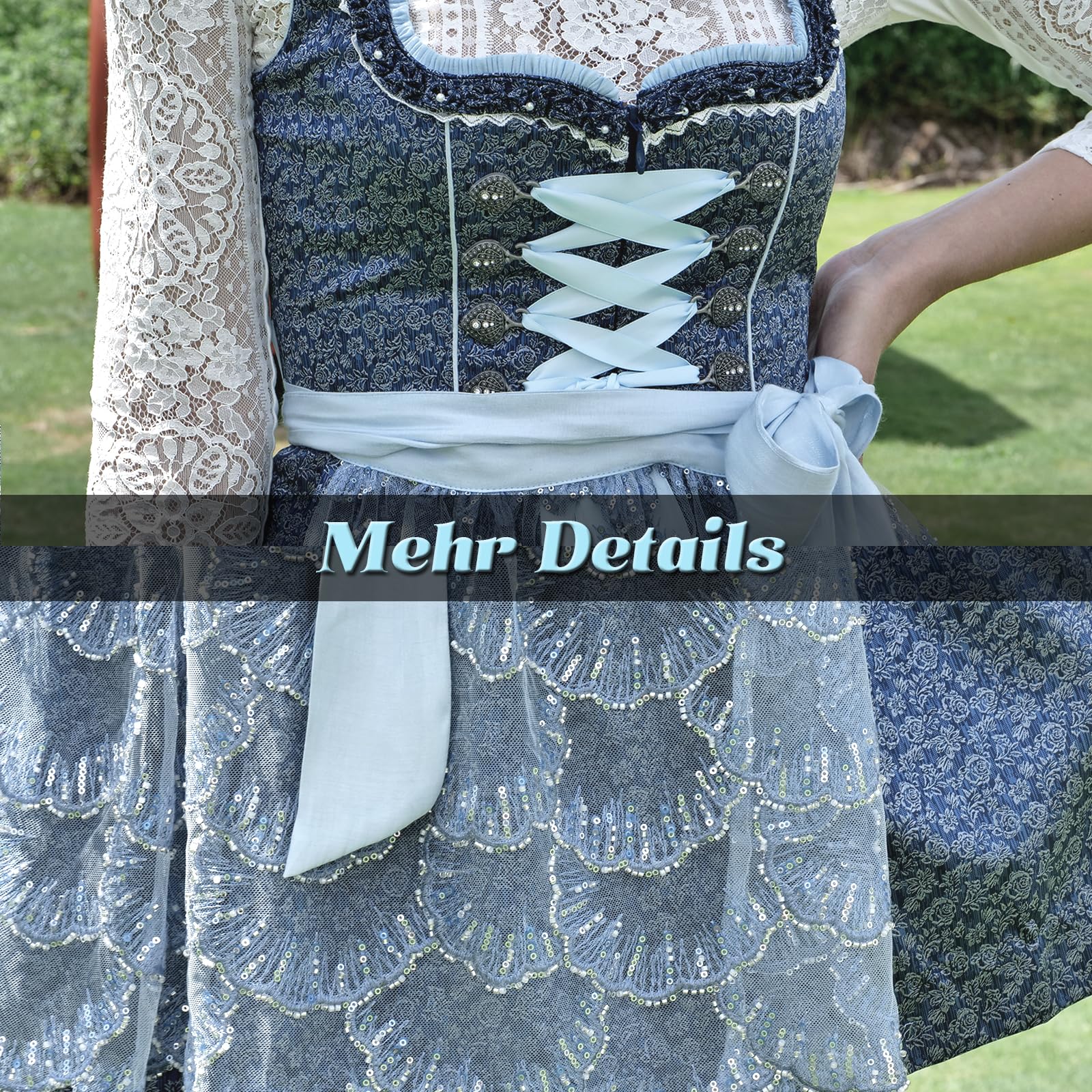 Dirndl Schwarz Trachtenkleid Dirndl Damen Midi 60cm Exklusiver | mit Spitzenschürze,Knielang Dunkel Trachtenmode Dirndlkleid Oktoberfest Bavarian, mit Eingenähten Tasche (Ohne Bluse)