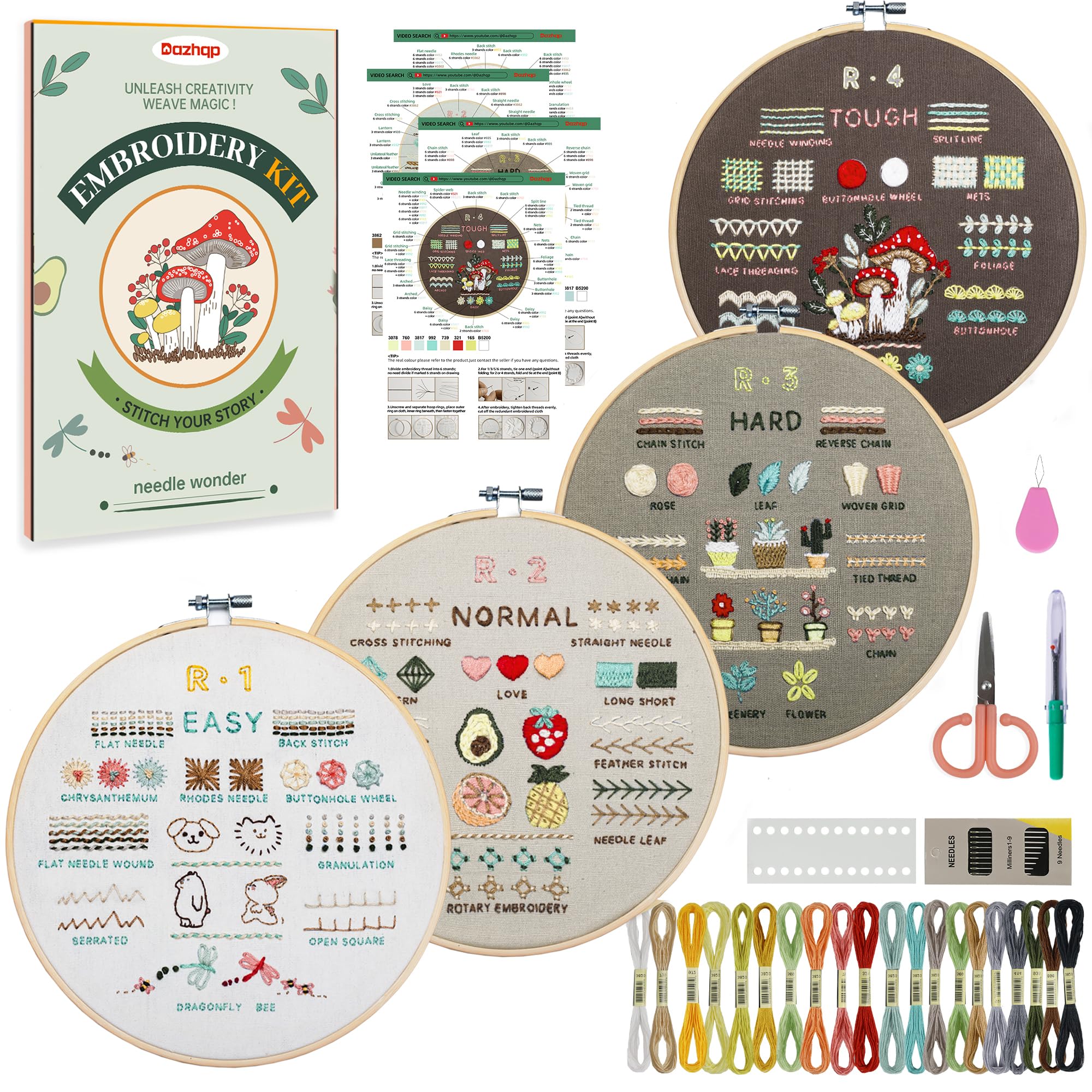 Dazhqp Kit da ricamo per principianti adulti, confezione da 4 kit per ricamo con 38 punti guida passo passo e video, pre-modelli, fili, aghi e cerchio, kit artigianali per adulti
