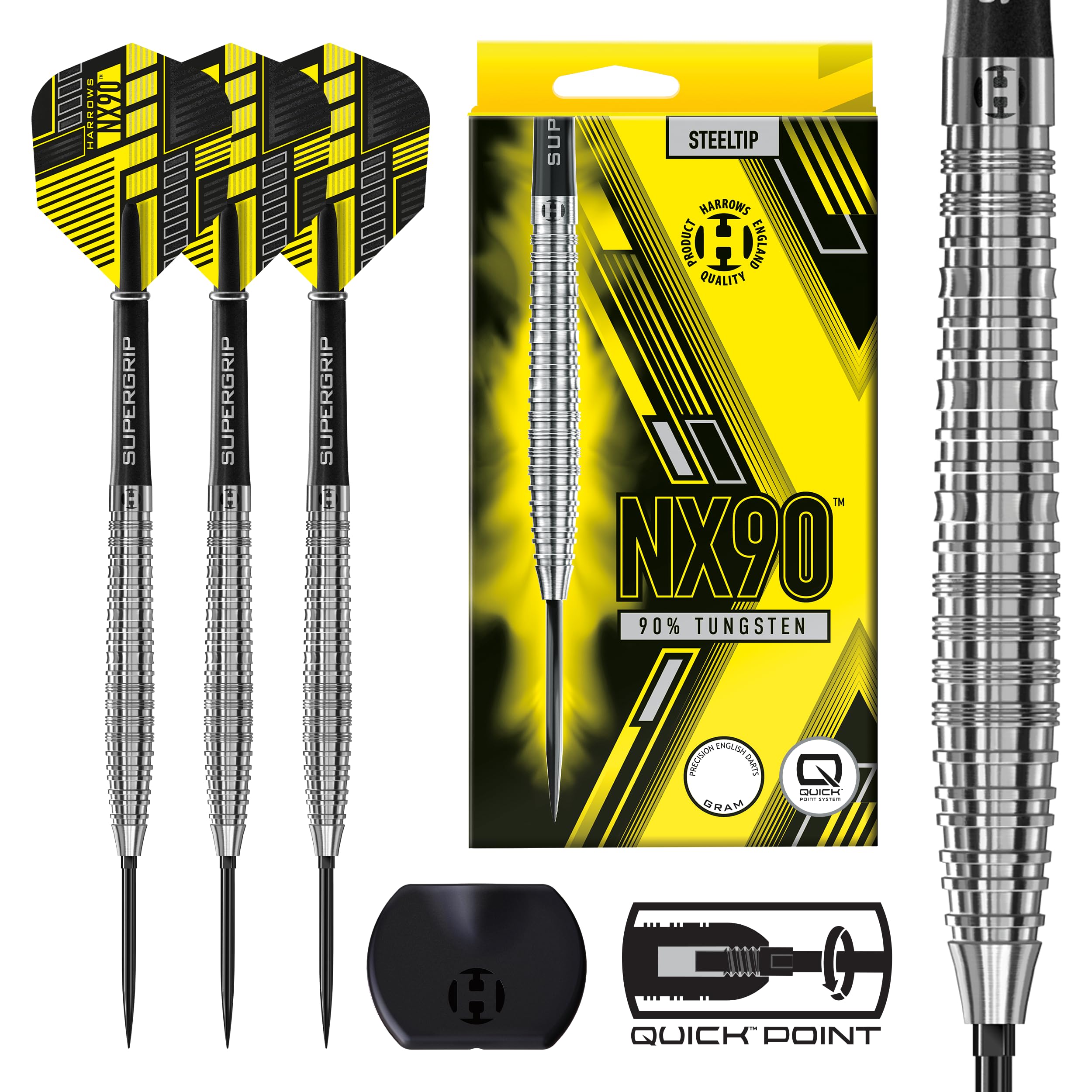 Harrows NX90 Tapered 90% Tungsten Steel Tip Darts Set with Quick Point Change System Set (23g) - Includes Black Supergrip Midi Shafts