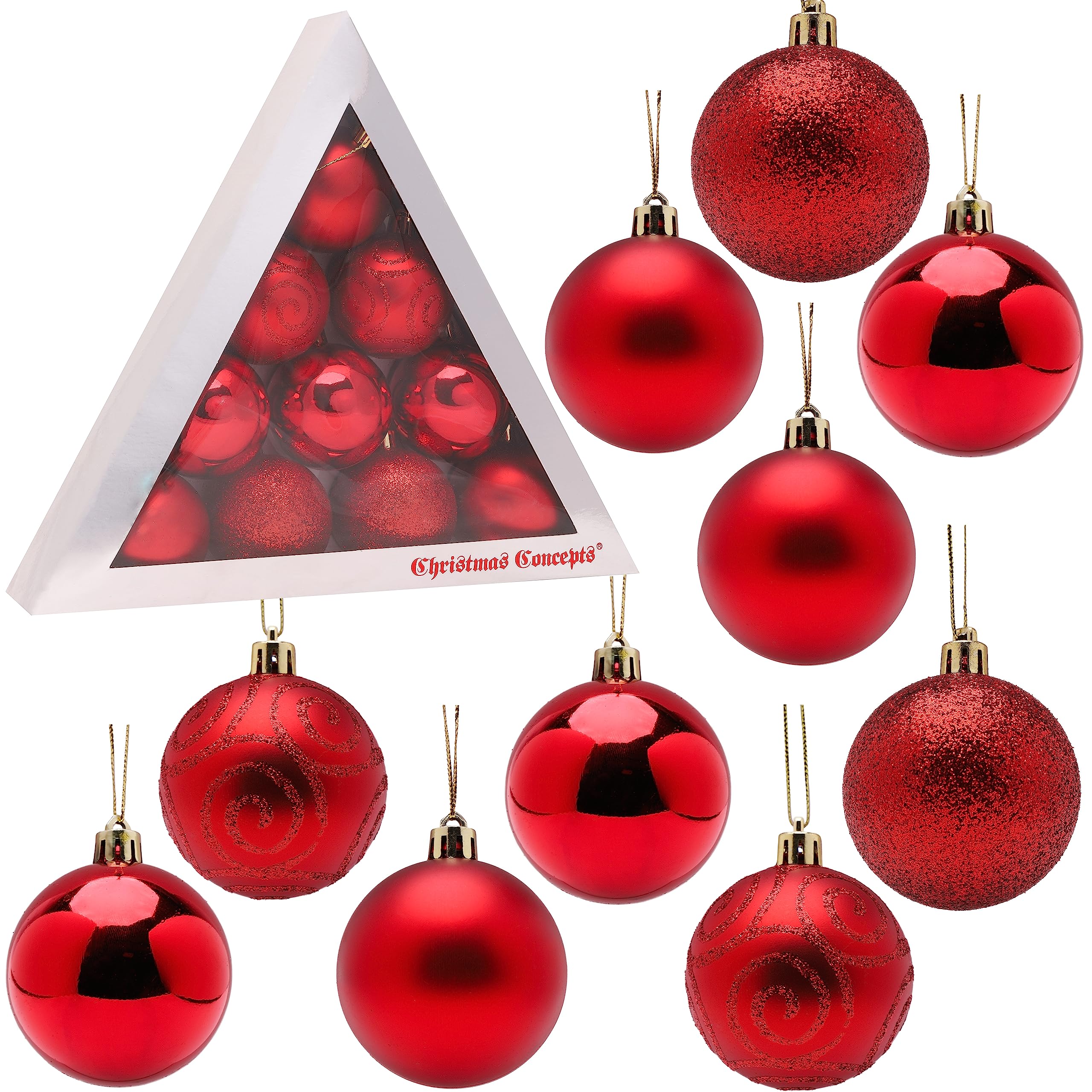 Christmas Concepts Red Christmas Concepts® Pack Of 10-60Mm (2.4") Christmas Tree Baubles - Shiny, Matte & Glitter Decorated Baubles (Red)