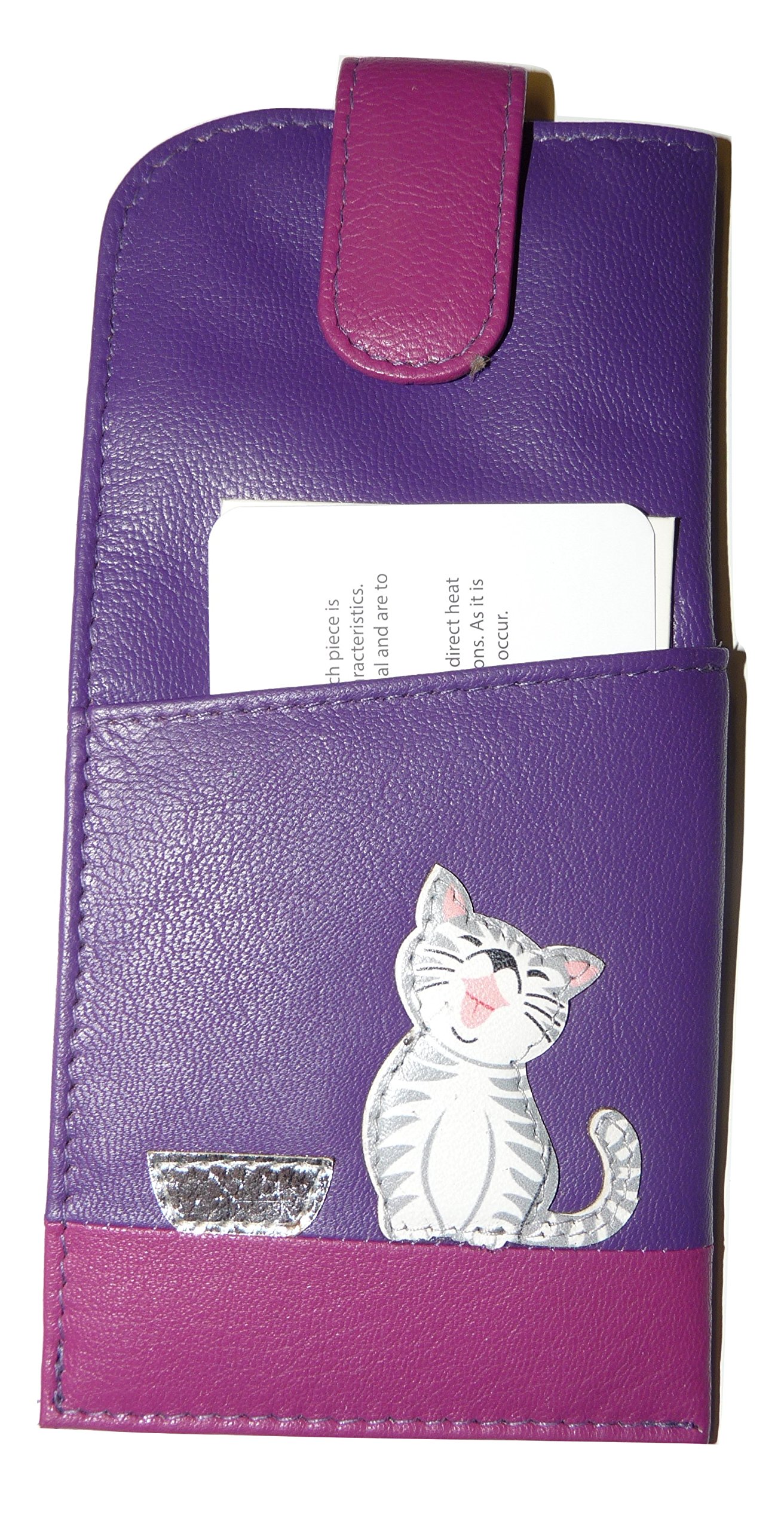 Ziggy Cat Glasses Case – Soft Leather Slip-In Case with Tab Top – Cat & Bowl Applique Design – 17 x 8 cm (Purple)