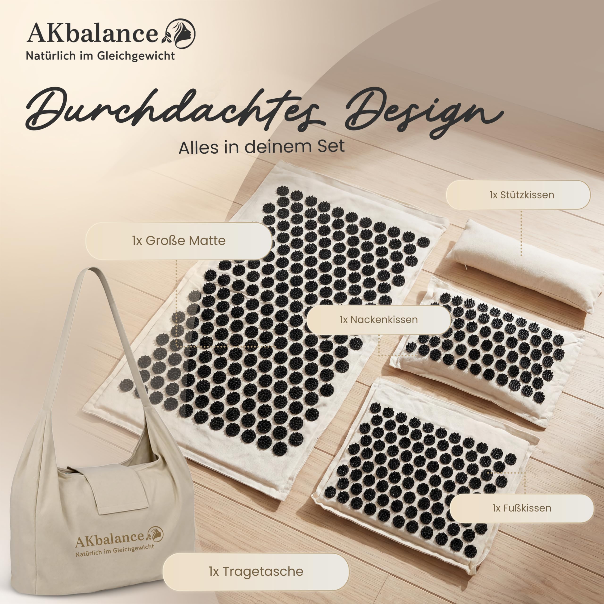 Tappetino per agopressione beige, sabbia desertica, set da 5 pezzi, con tappetino, cuscino per il collo, cuscino per i piedi, borsa per il trasporto, oltre 500 punte di pressione in