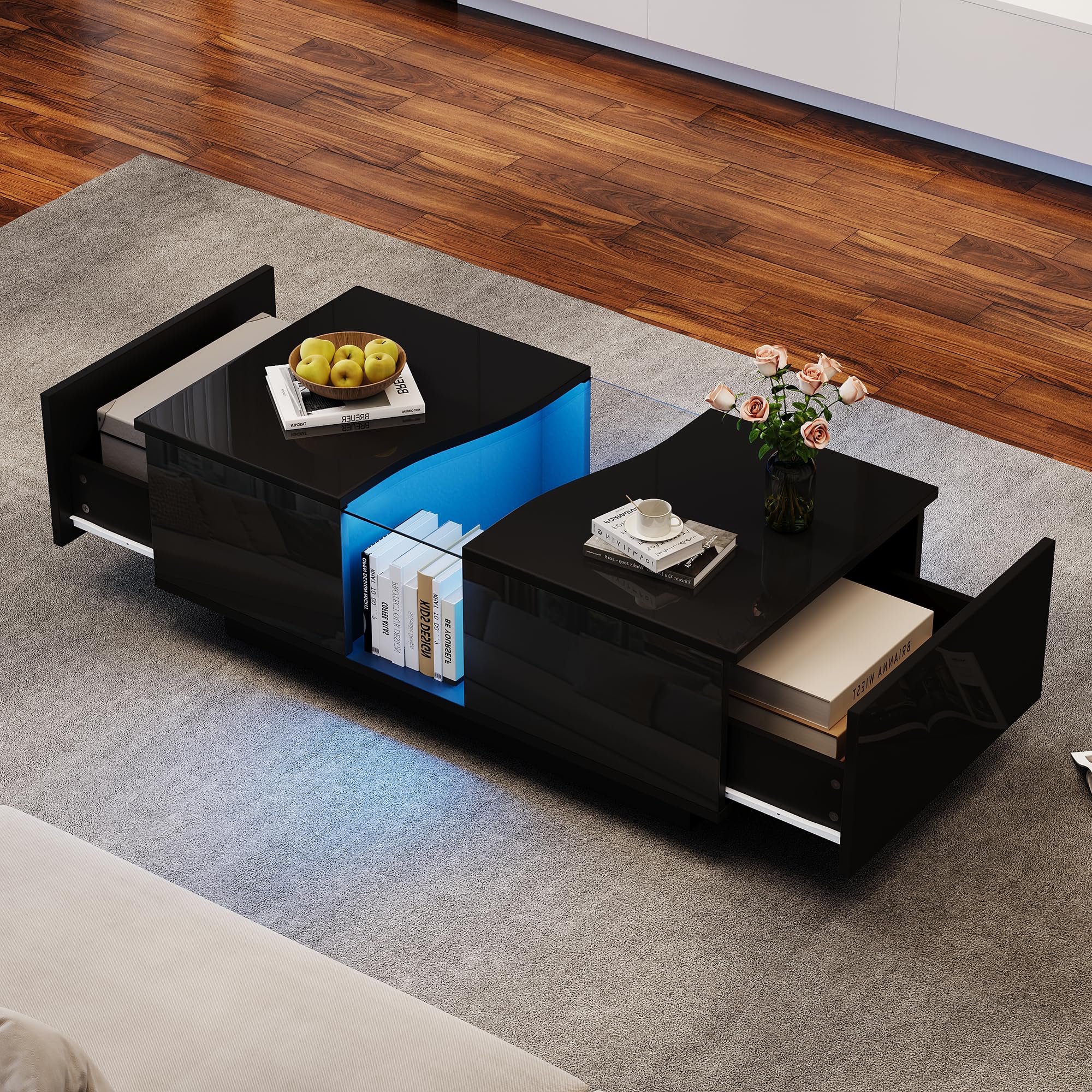 ModernLuxe LED Coffee Table with 2 Drawers,Black High Gloss Center Table for Living Room, 16-Color RGB LED Lights, Multifunctional Storage, Modern End Table with Acrylic Top, 100 x 50 x 35 cm โ image 1