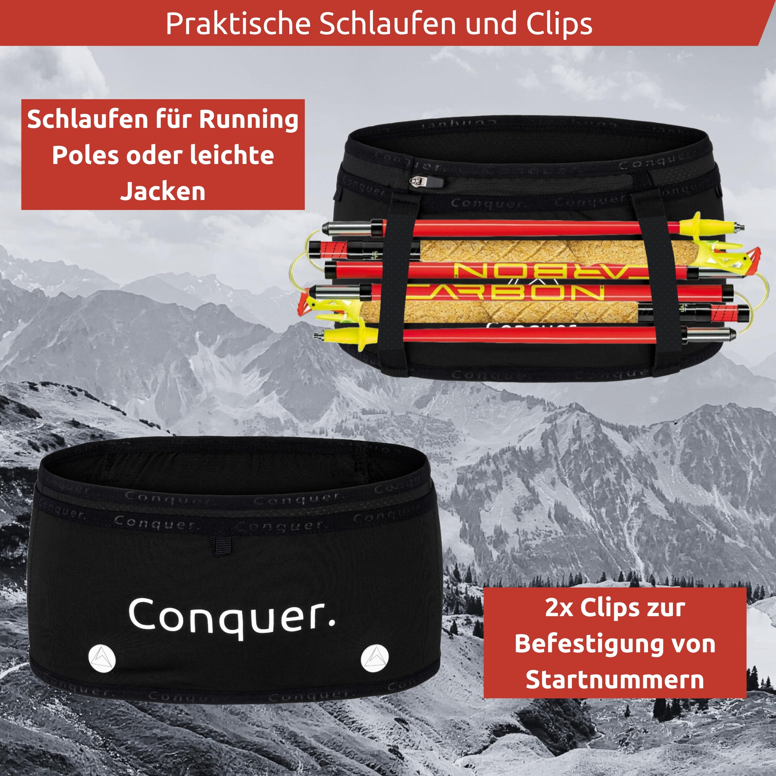 Conquer. Laufgürtel mit Handytasche zum joggen | eng anliegende Lauftasche Damen & Herren mit Handyhalterung, Fach mit Reißverschluss und für Trinkflasche | Trinkgürtel, Running Belt (Laufgürtel, S/M)