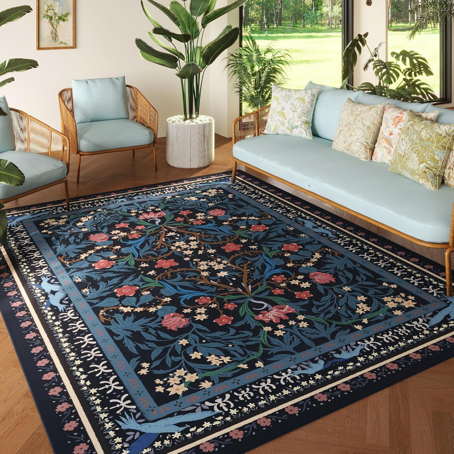 area rugs 8x10 for living room clearance washable vintage floral botanical rug non slip low pile large rug for bedroom, farmhouse, dining room, kids playroom, blue blue 8' x 10' (rectangular)