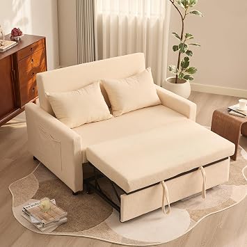 Sofa Bed 2-Seater 3-in-1 Extendable Sofa Bed Corduroy Fabric Sofa Bed with Adjustable Backrest and Side Pockets for Living Room and Guest Room Beige