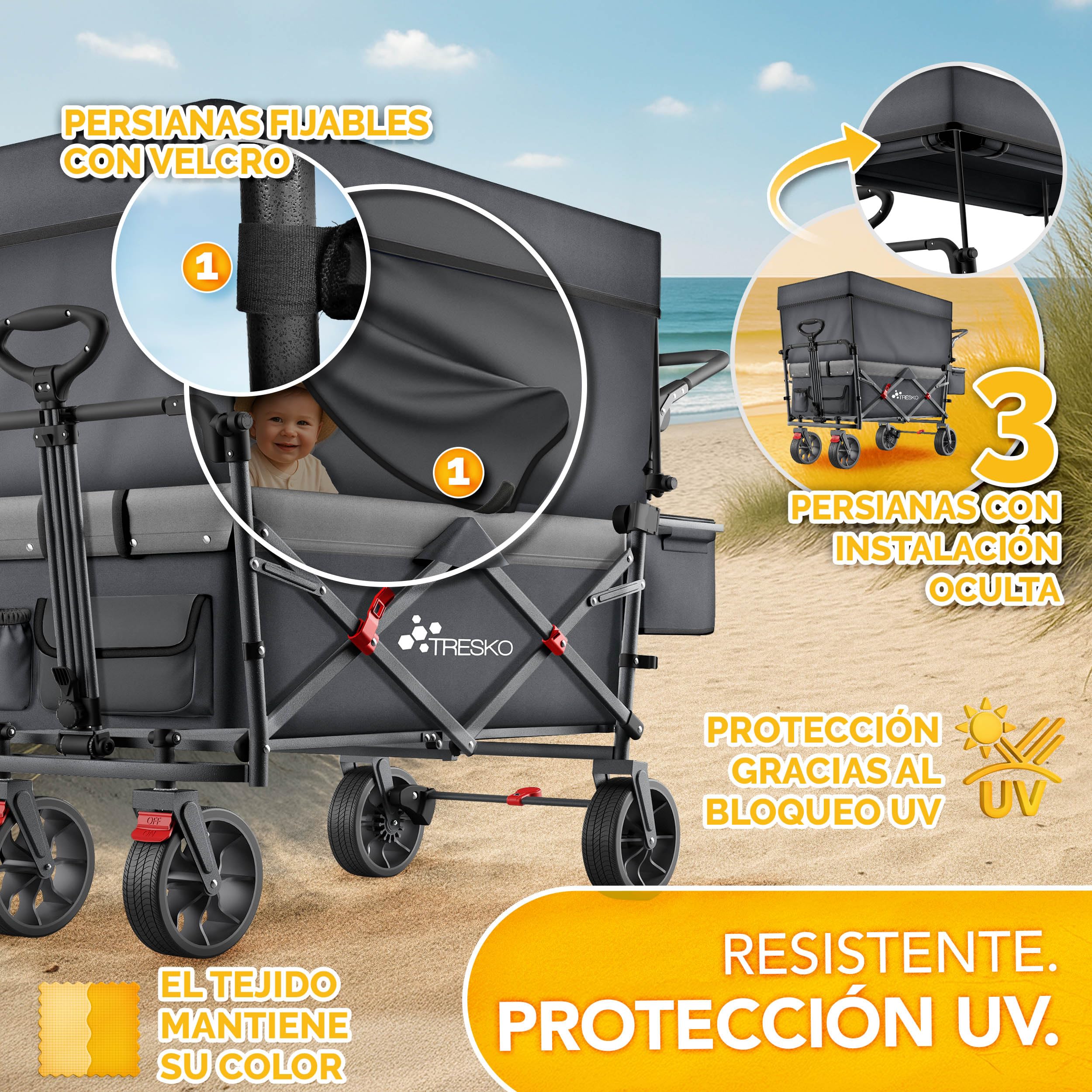 TRESKO® Carro Plegable con Techo, Compartimento de refrigeración y Ruedas Laterales, Carro de Mano máx. soporta hasta 150 kg, Carro de Transporte con neumáticos de Goma Maciza, Frenos