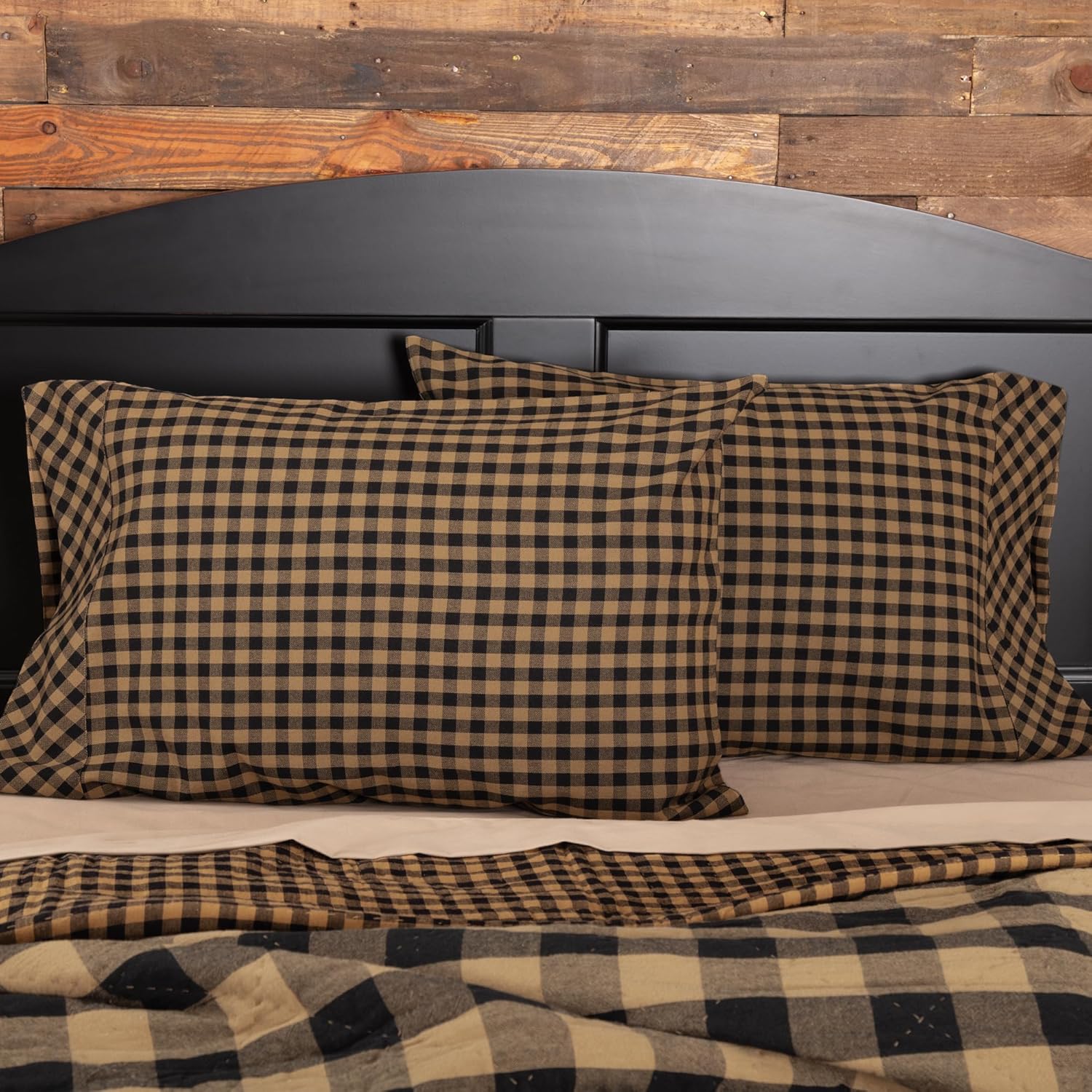 VHC Brands Black Check Standard Pillow Case Set of 2 21x30 Country Rustic Design, Black and Tan