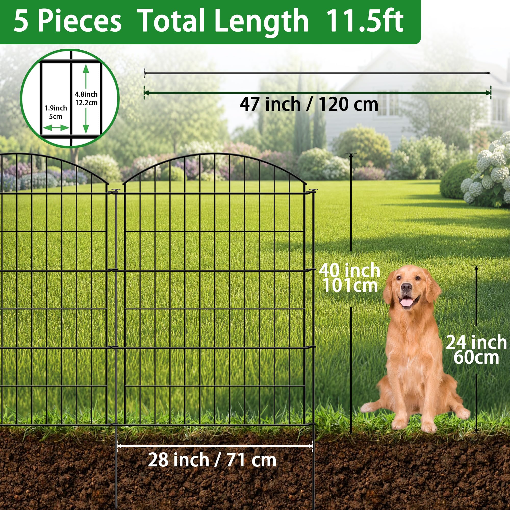 Thealyn Clôture de Jardin en Métal 101 cm H x 71 cm L, 5 Panneaux, 3,5 m Longeur Total, pour Chien et Animaux Domestiques, Clôture de Jardin, Cour, Terrasse, Parterre de Fleurs,Garden Fence