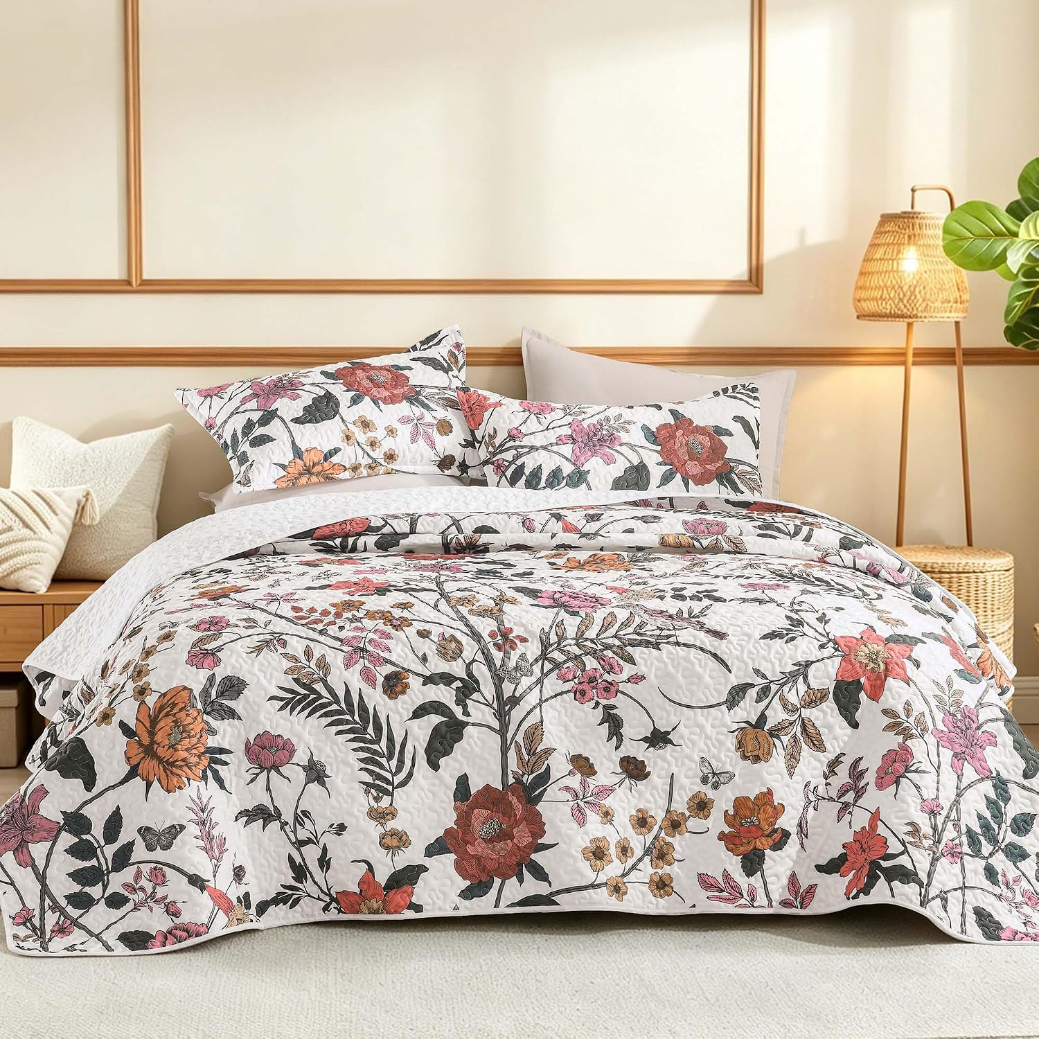 Litanika Floral White Quilt Oversized King - 3Pcs Botanical Birds Bed Set