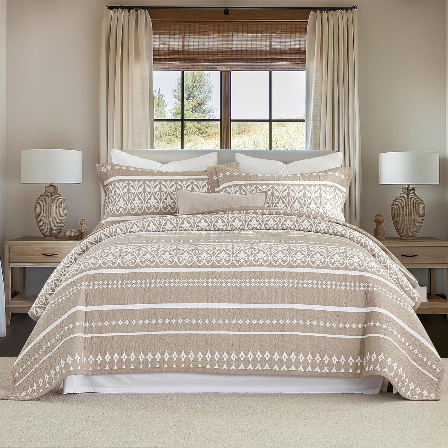 Boho Brown Striped King Quilt Set - 100% Cotton Quilt King Size Bohemian Pattern King Bedspread Lightweight All Season 3 Piece, Warm Taupe & White (106×98'')