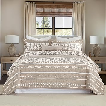 100% Cotton Boho Striped King Size Quilt Set, 106"x98" | Bohemian Style, Floral Pattern, 3 Piece Bedspread with 2 Shams, Warm Taupe & White, Lightweight, All Season, Breathable