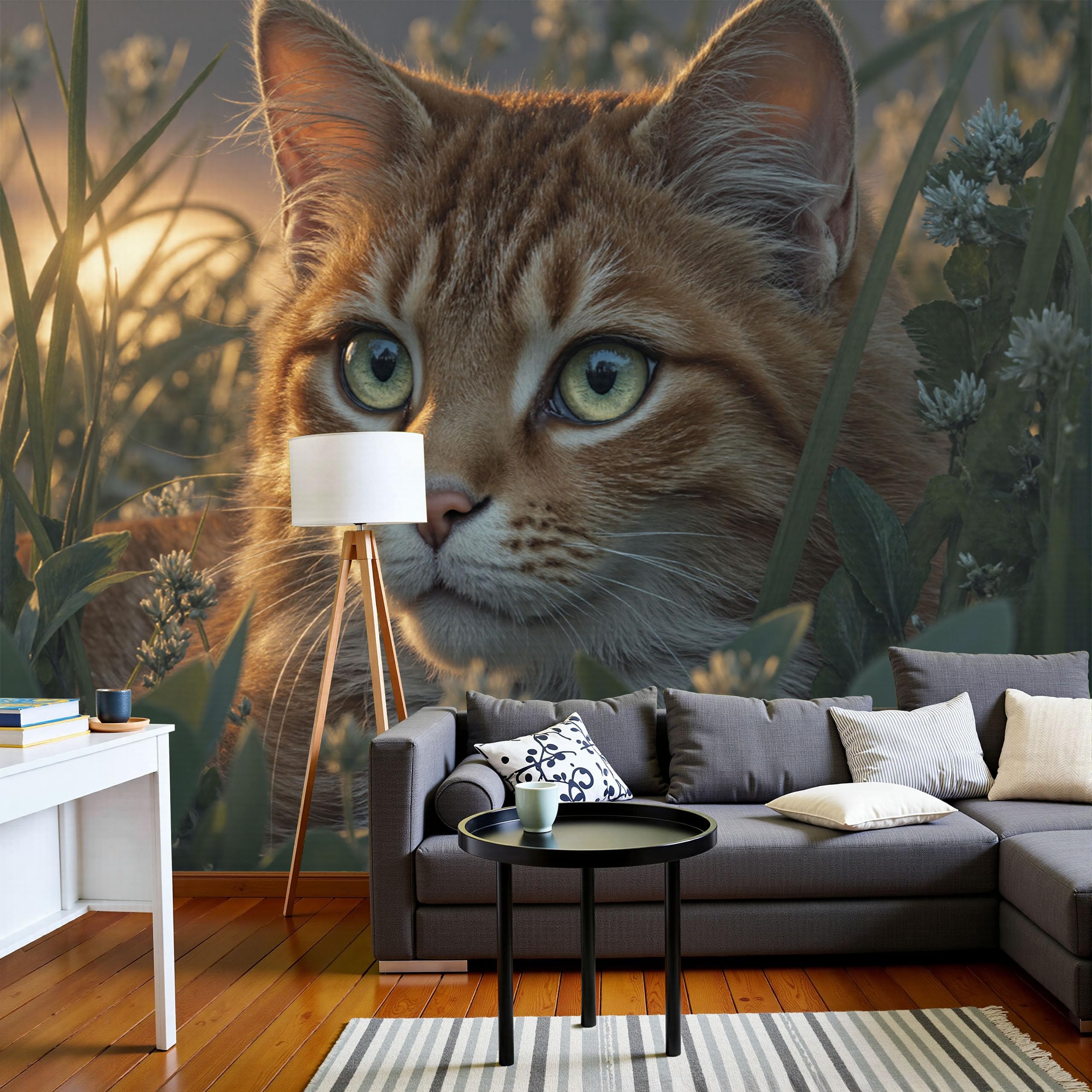 Papier peint panoramique chat orange 300x210cm en soie murale pour salon