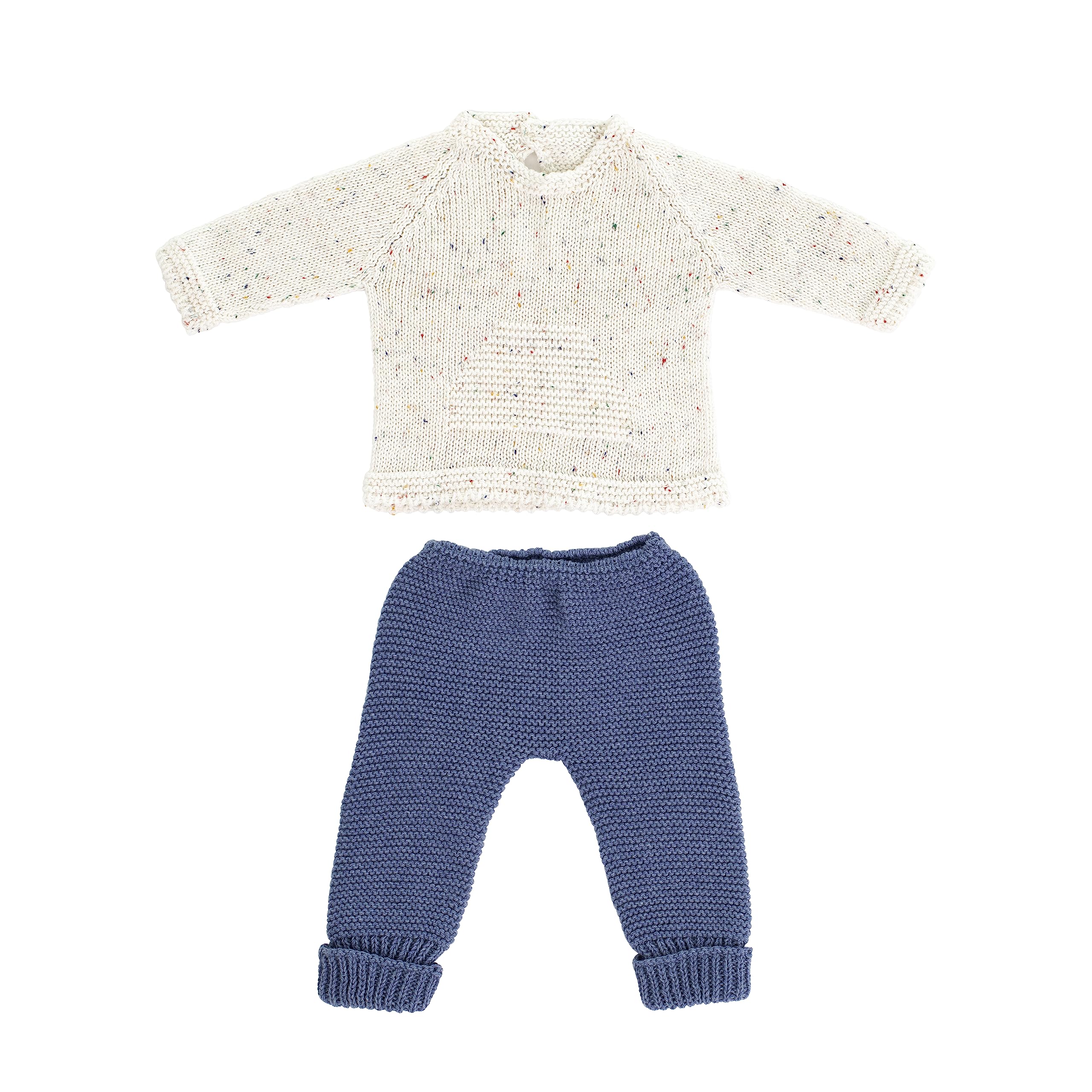 Miniland Beige and Blue Knit Set for 40 cm Doll Jersey and Trousers, Romper and Hat, Made in Spain with Recycled Textile, Miniland Dolls.