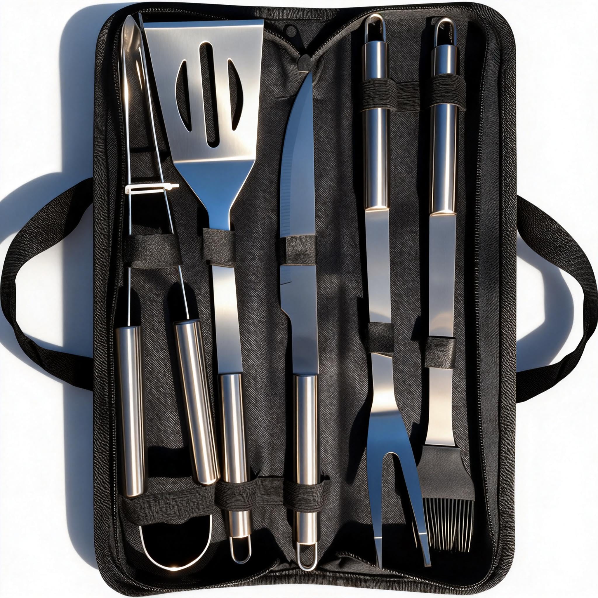 Set d'Ustensiles Barbecue 5 Pièces INOX avec Étui - Accessoires de Gril Professionnels